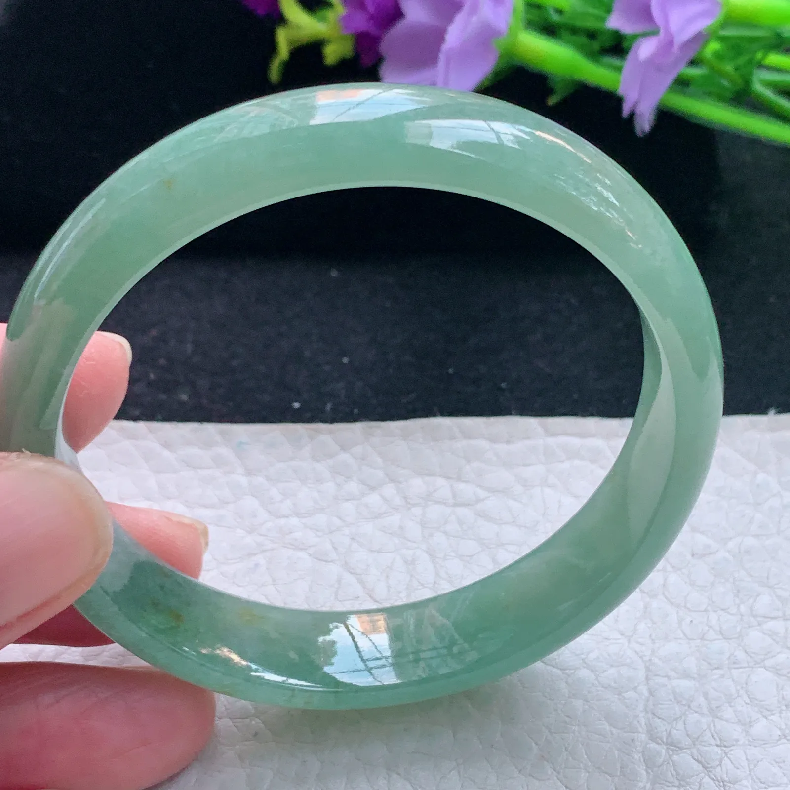 hy自然光55.5*12.2*6.3平安镯 缅甸翡翠玉手镯冰绿宽边玉手环