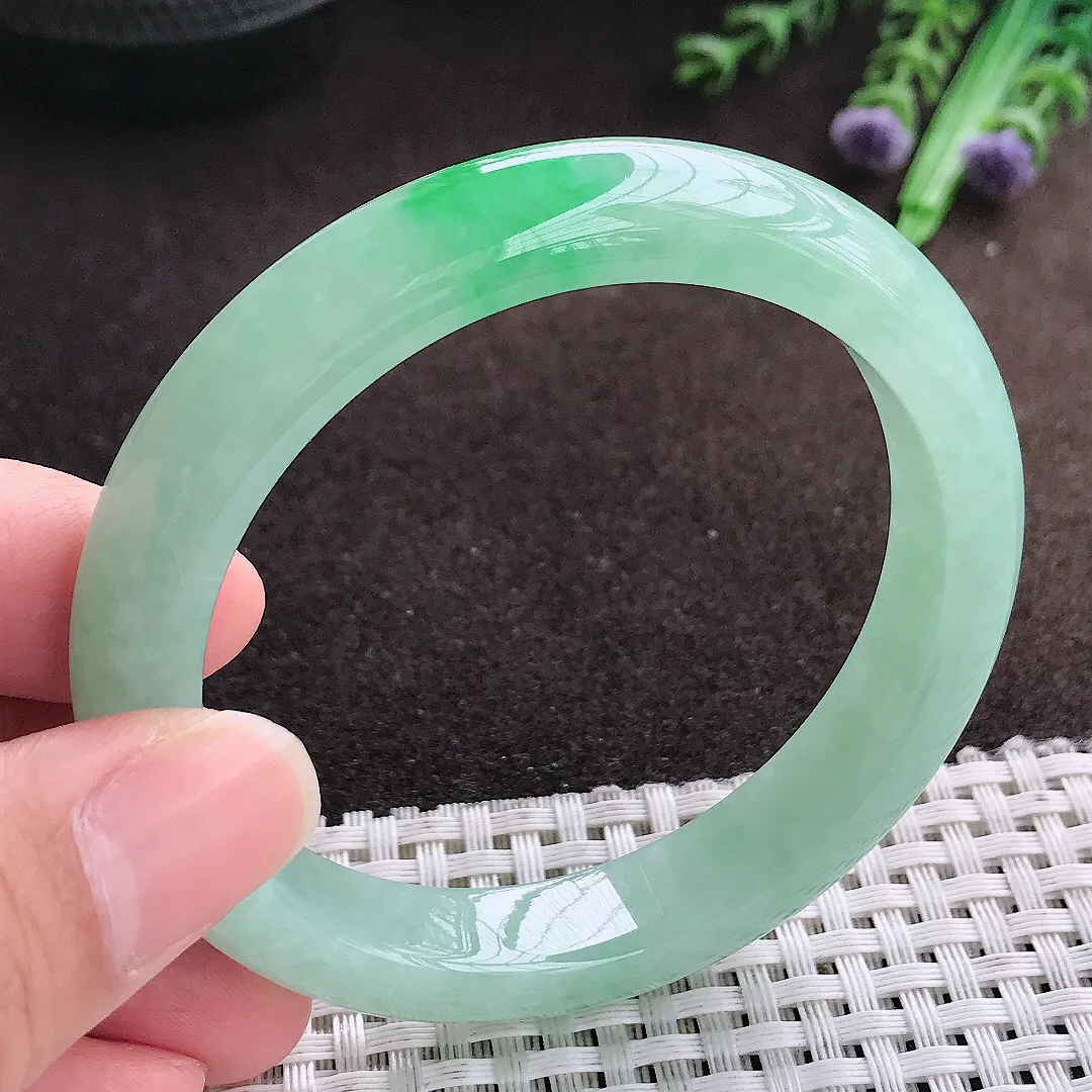 天然a货翡翠55.5/11/8.2老坑冰润冰晴绿手镯宽边翡翠玉手镯