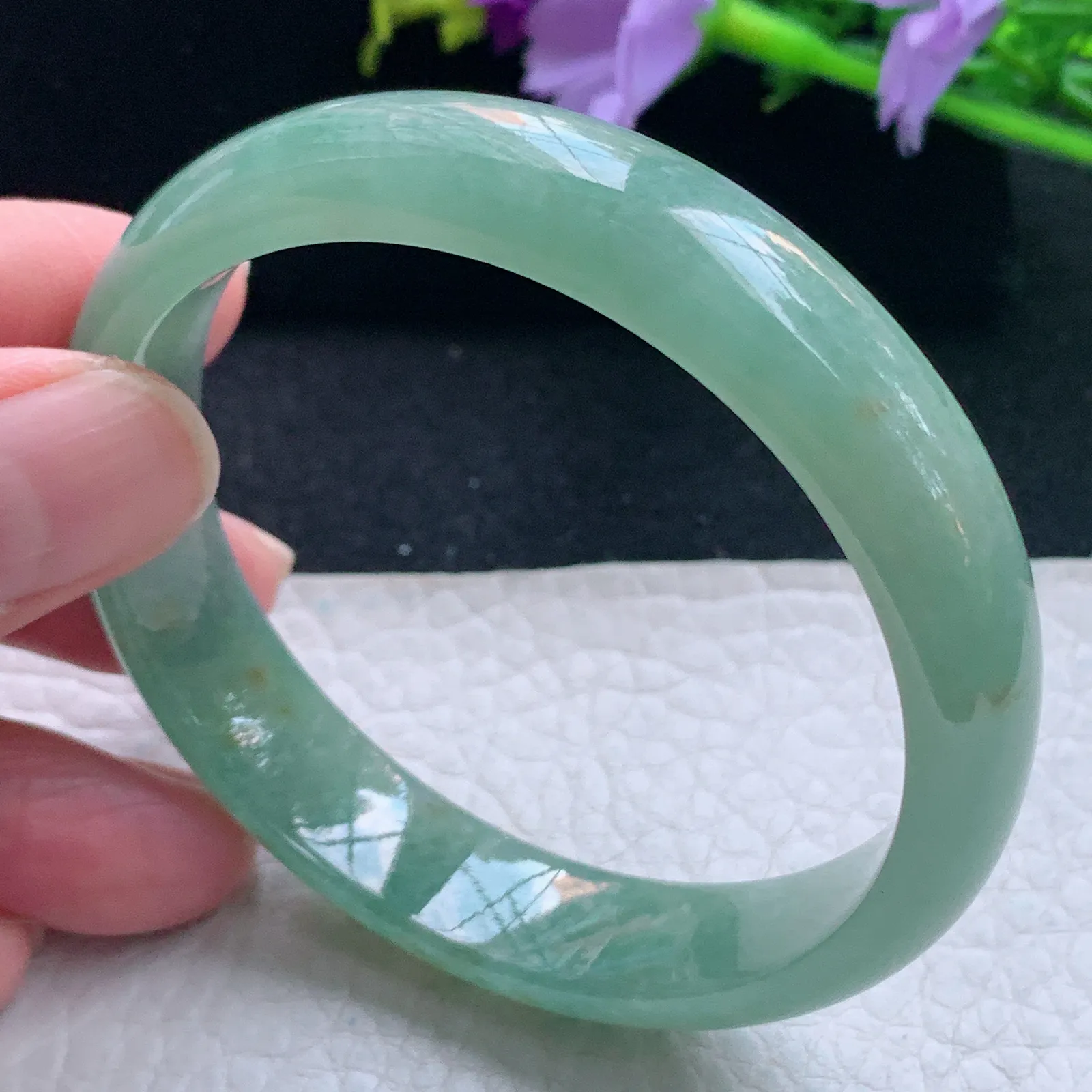hy自然光55.5*12.2*6.3平安镯 缅甸翡翠玉手镯冰绿宽边玉手环