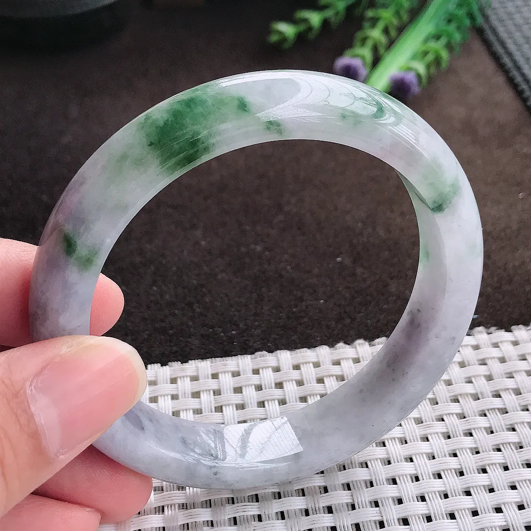 天然a货翡翠57.5/12.5/8.3老坑温润特色飘花手镯宽边翡翠玉手镯