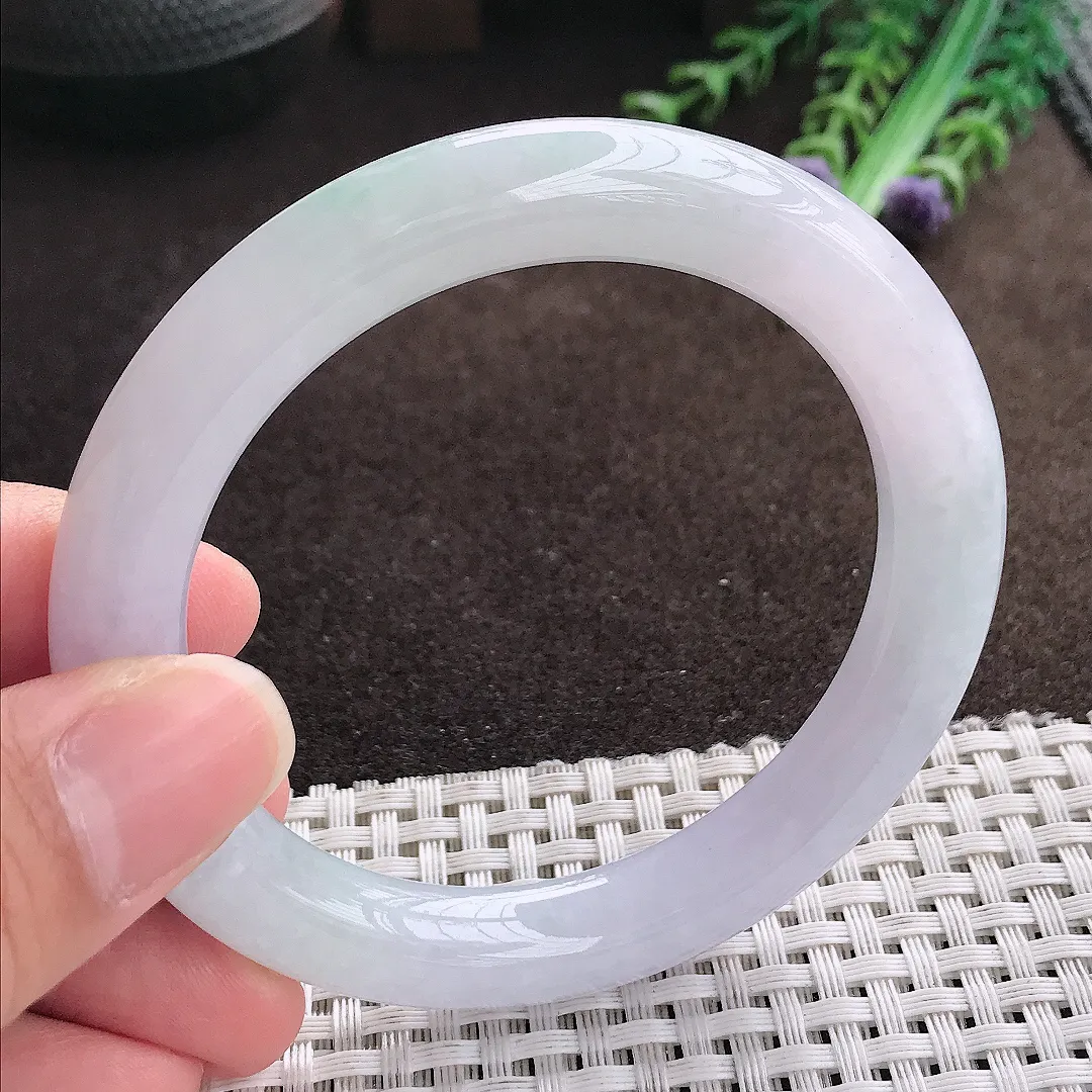 天然a货翡翠56/9.8老坑冰润起胶浅紫色圆条手镯翡翠玉手镯