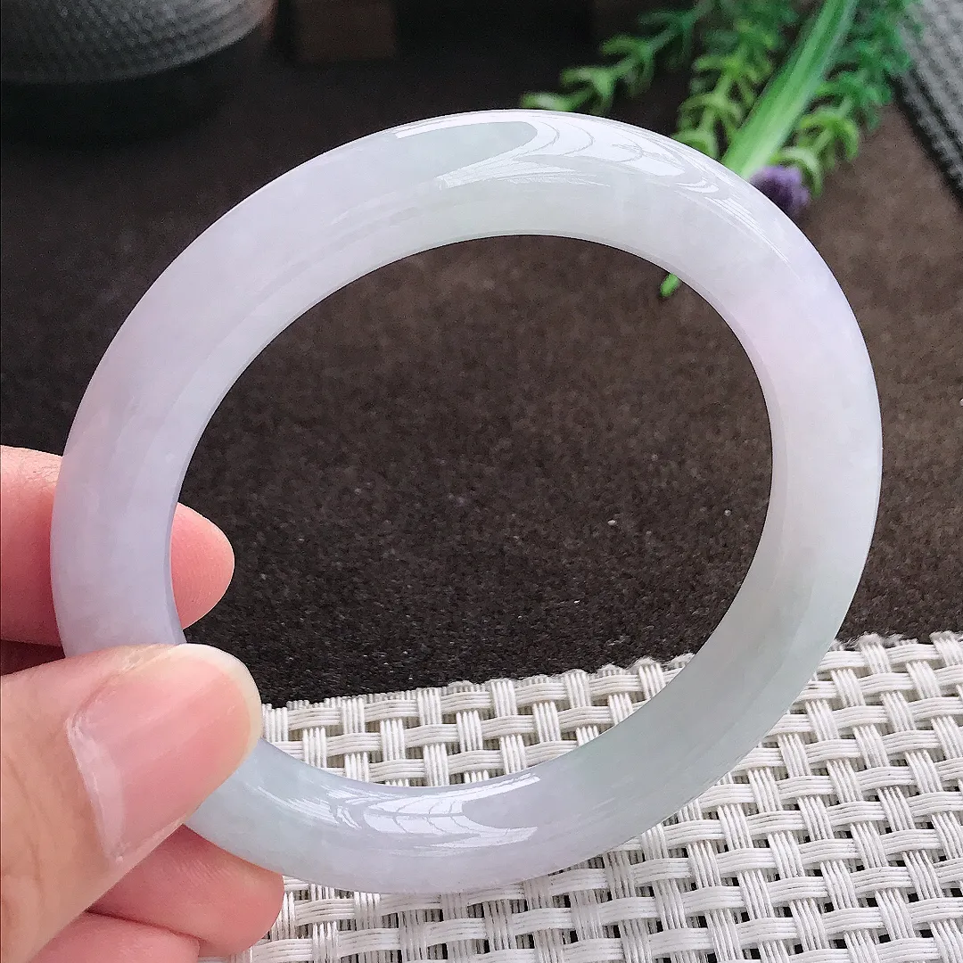 天然a货翡翠56/9.8老坑冰润起胶浅紫色圆条手镯翡翠玉手镯