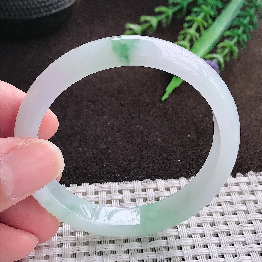 天然a货翡翠52.5/10.2/6.6老坑冰润水灵飘花手镯宽边翡翠玉手镯