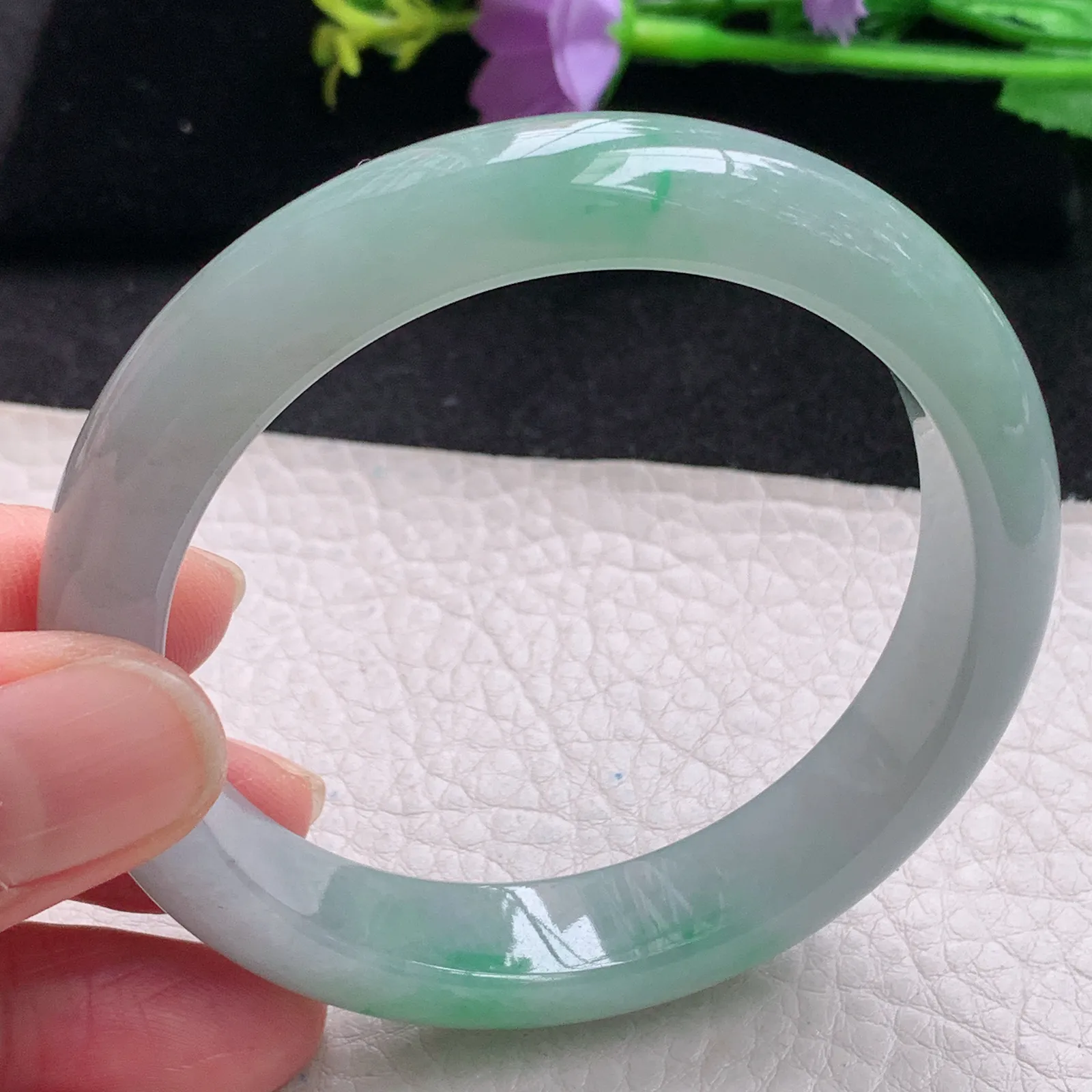 pj自然光56*12.2*8平安镯 缅甸翡翠玉手镯冰飘绿水灵宽边玉手环