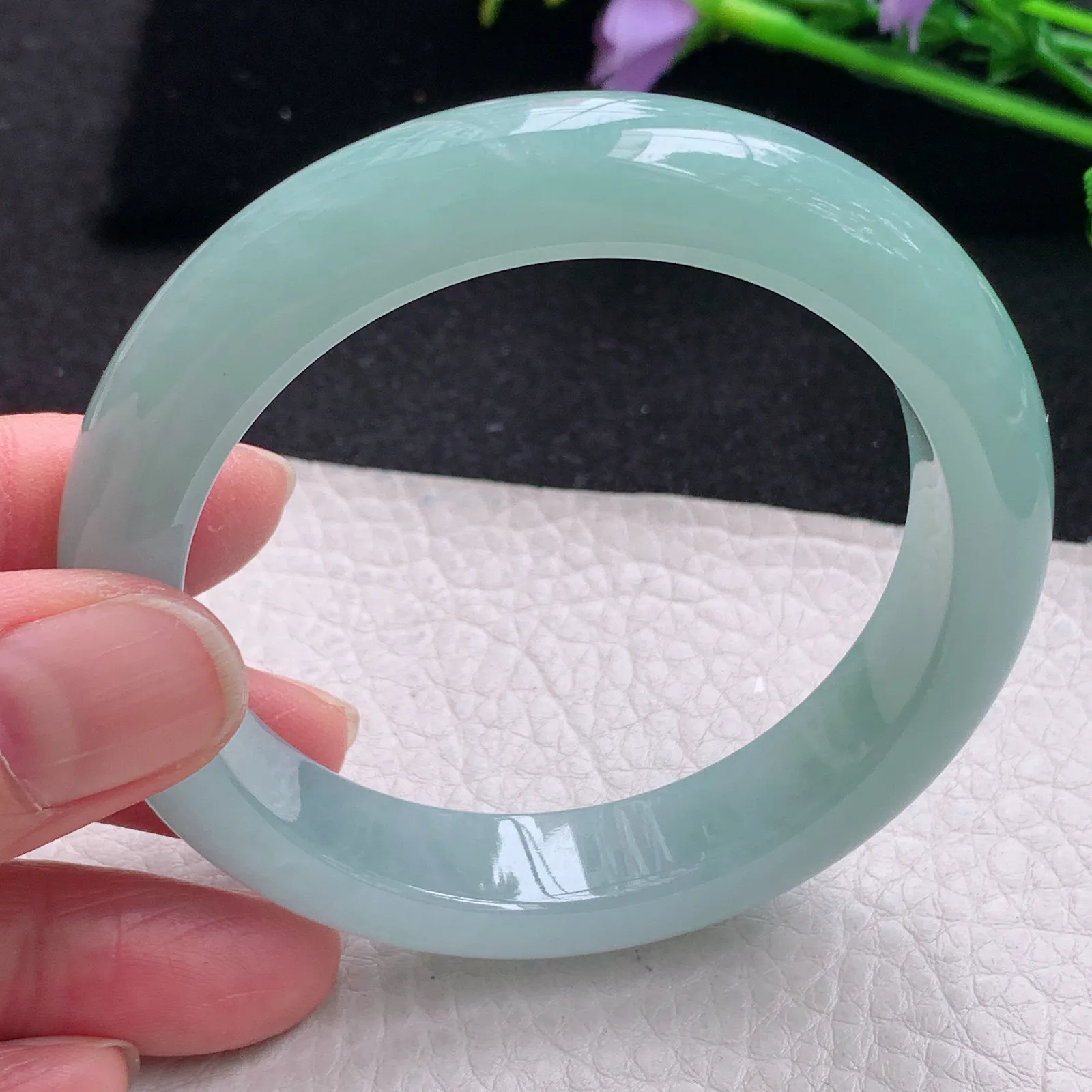 hf自然光56*12.3*9平安镯 缅甸翡翠玉手镯蓝韵高雅宽边玉手环