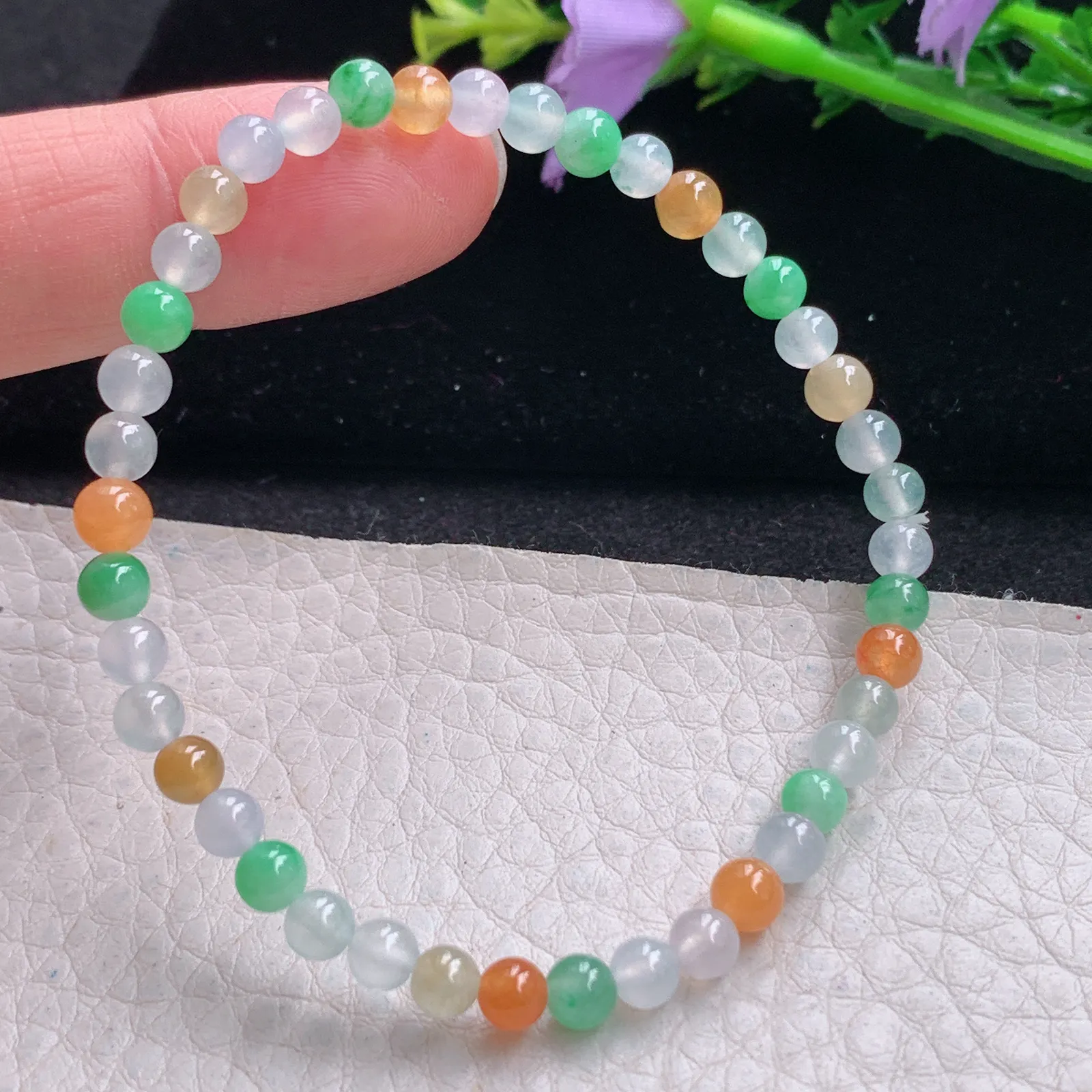mut自然光4.8mm天然缅甸翡翠冰三彩4.8mm圆珠玉手链 手串