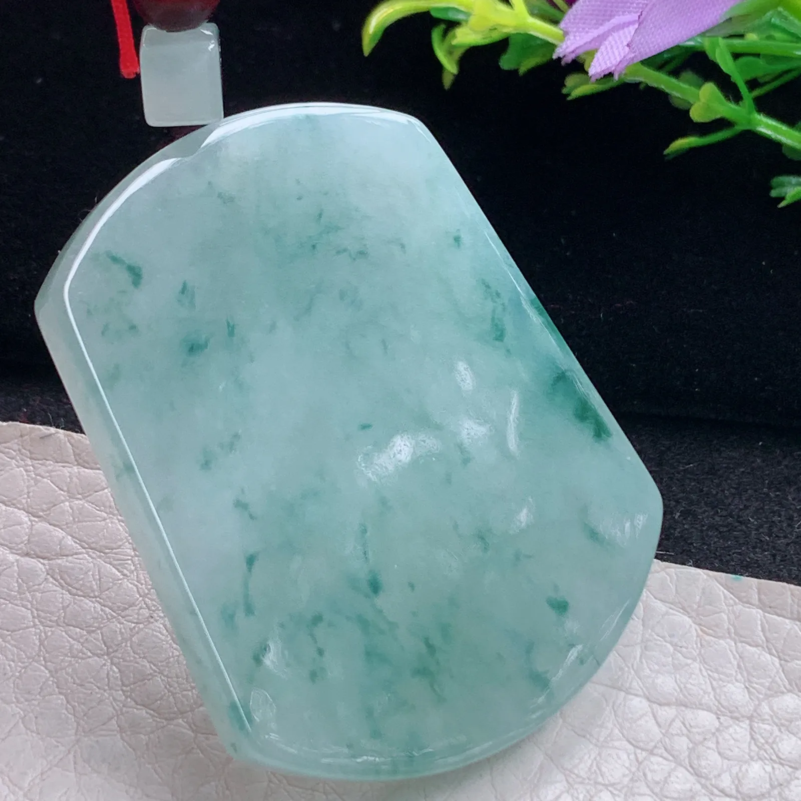 zen自然光49.5*38.5*5.6天然缅甸翡翠冰飘花平安无事牌 素面牌玉吊坠 玉挂件