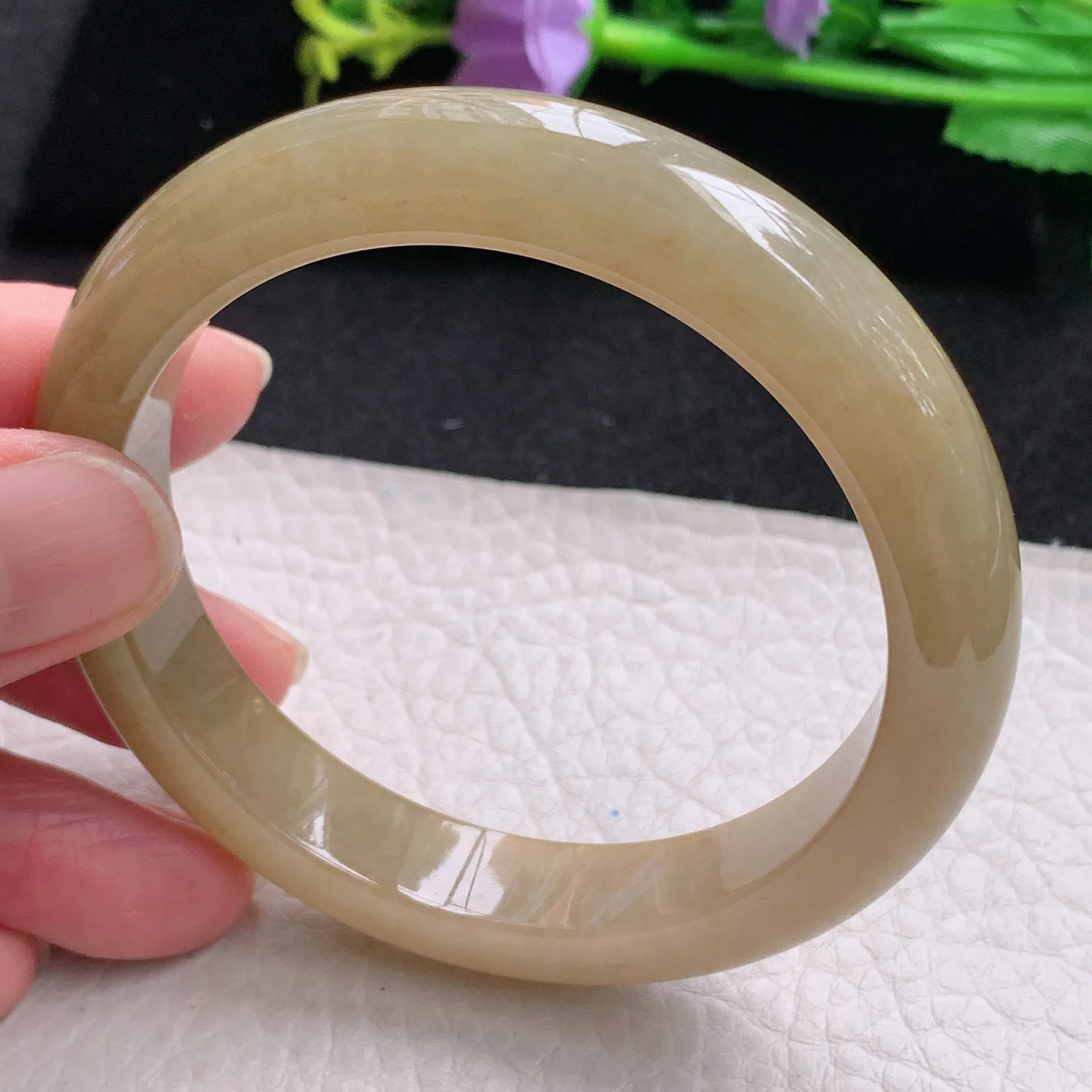 z自然光56*11.5*8.3招财镯 缅甸翡翠玉手镯冰黄宽边玉手环 美人镯