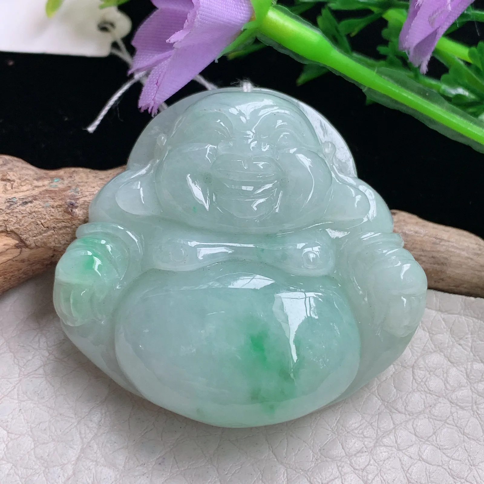 zen自然光42*45.2*12.5天然缅甸翡翠飘花细润佛公 弥勒佛玉吊坠 玉挂件