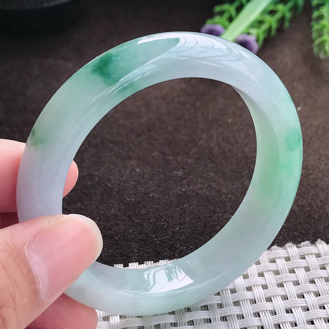 天然a货翡翠53/12.5/8.6老坑精美冰胶飘花手镯宽边翡翠玉手镯