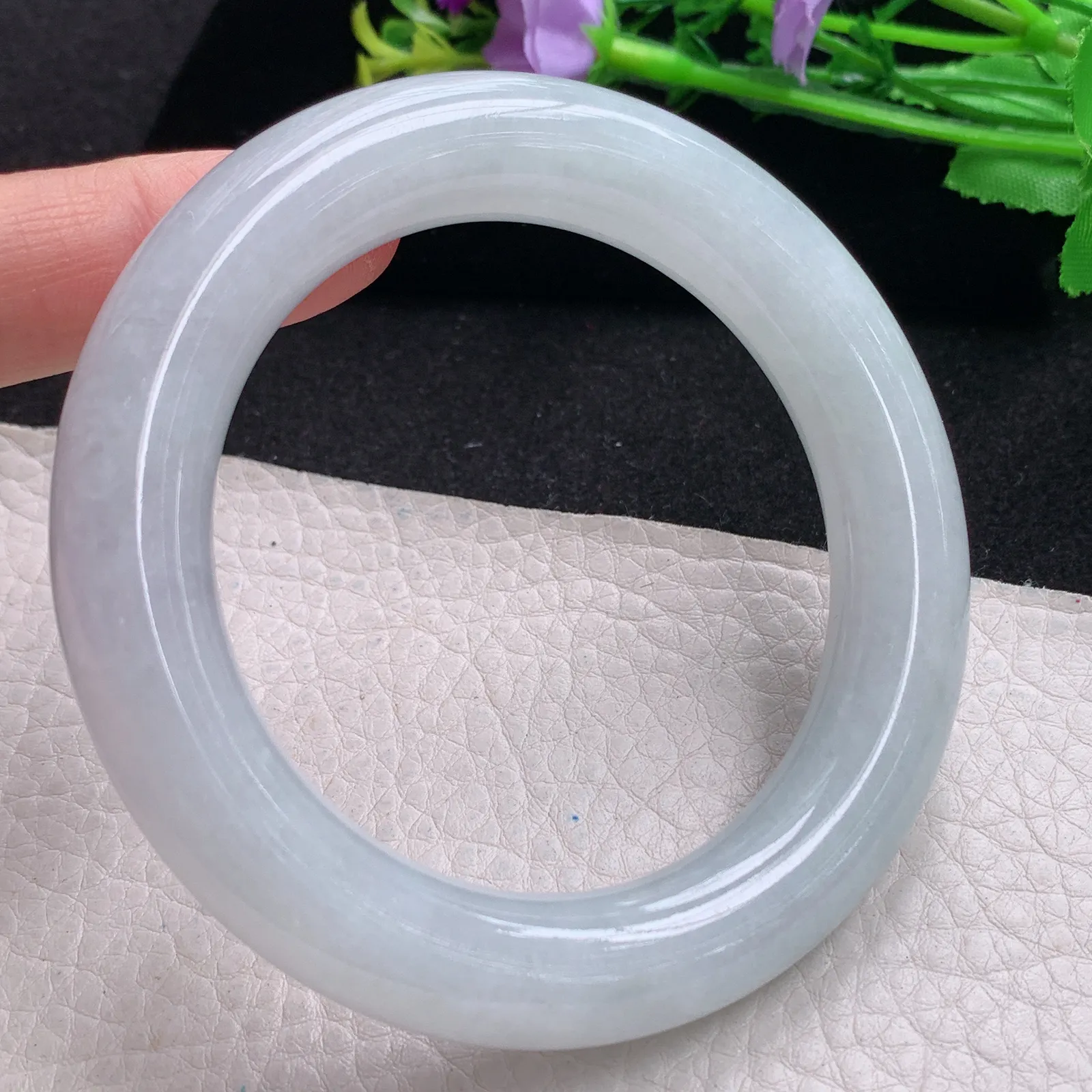 z自然光57*12胖圆镯 缅甸翡翠玉手镯白月光大气圆条玉手环 美人镯