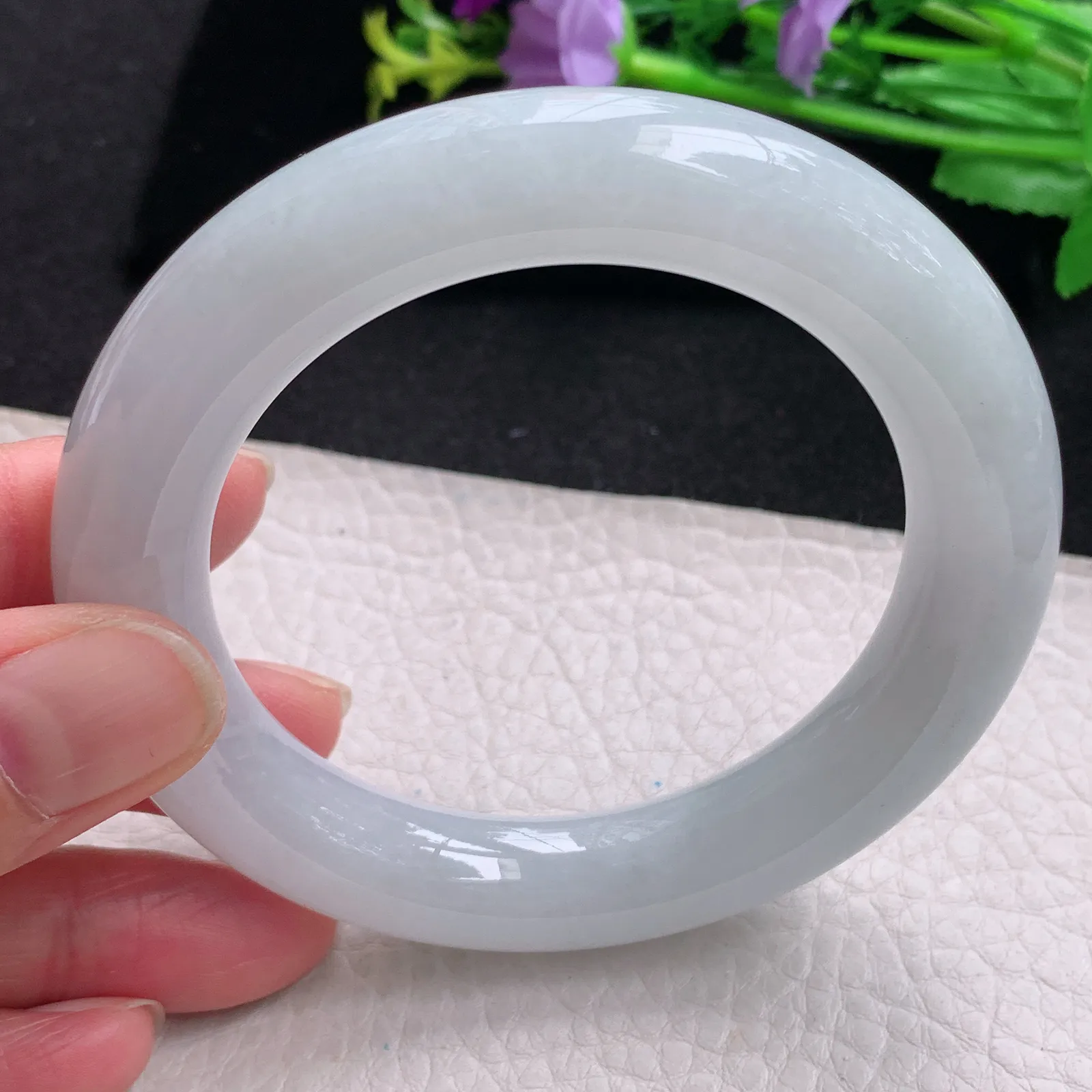 z自然光57*12胖圆镯 缅甸翡翠玉手镯白月光大气圆条玉手环 美人镯