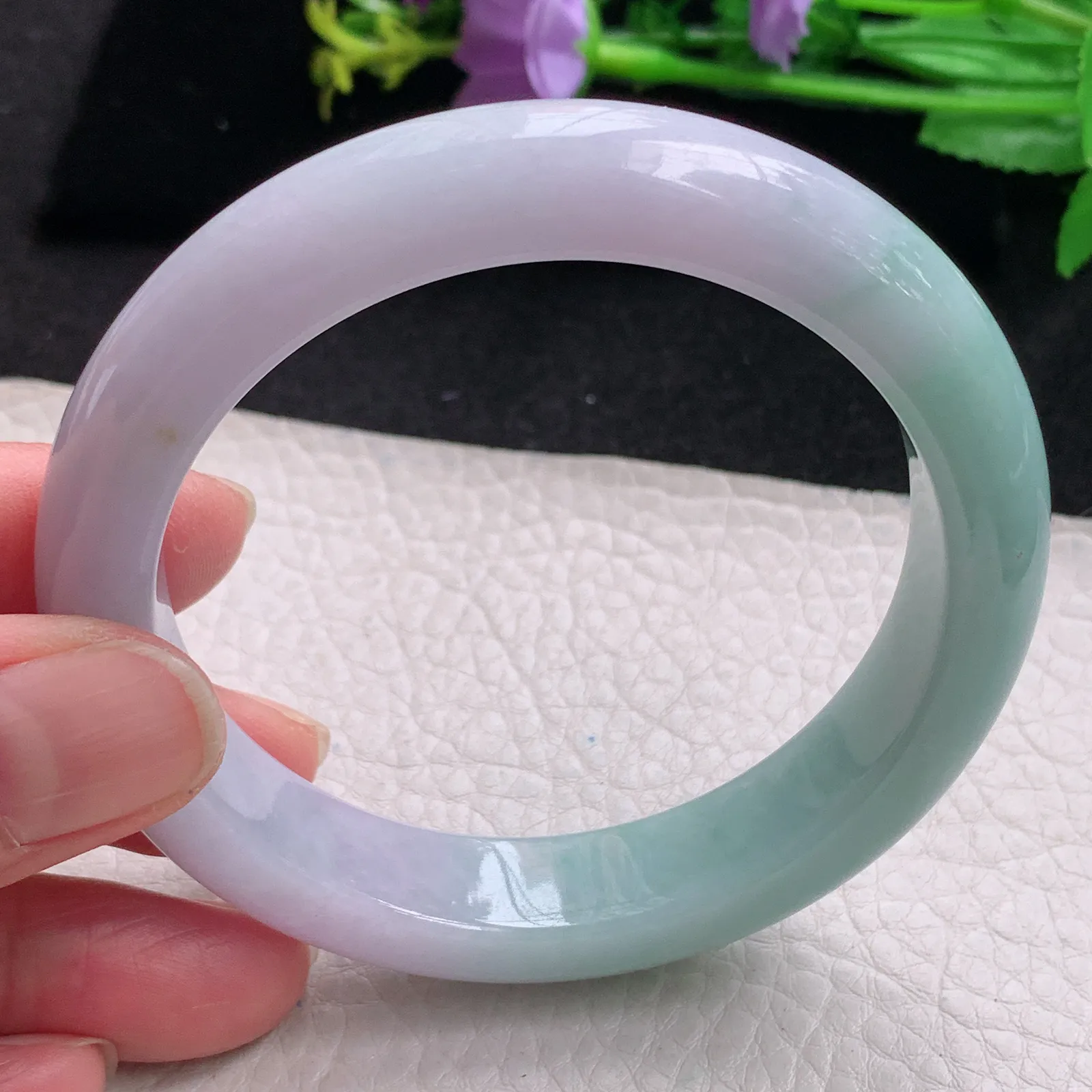 z自然光58*12.8*9平安镯 缅甸翡翠玉手镯春带彩甜美宽边玉手环 美人镯