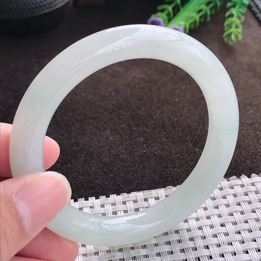 天然a货翡翠56/9.5/9.6老坑冰润起胶冰晴圆条手镯翡翠玉手镯