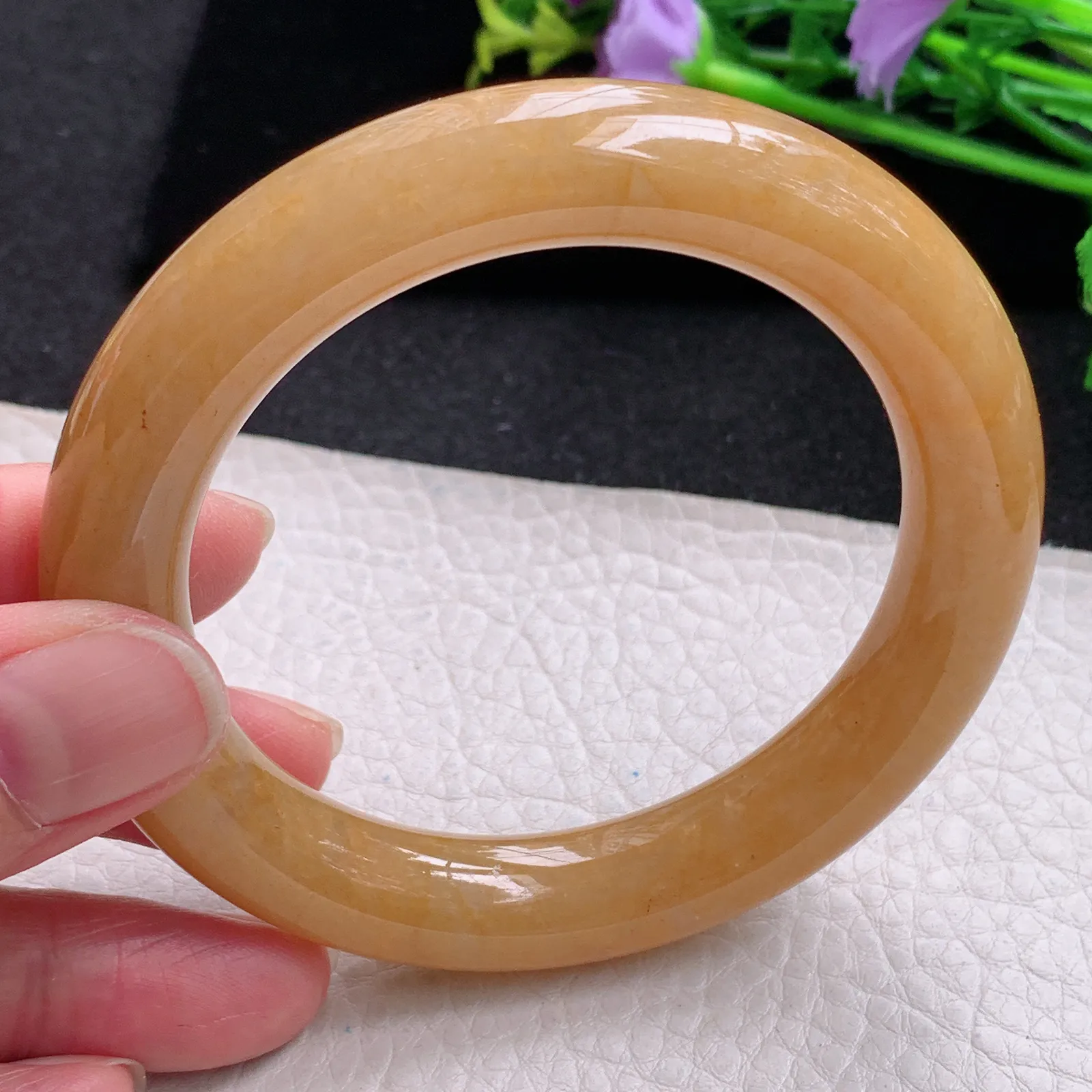 hf自然光57.512*11.3胖圆镯 缅甸翡翠玉手镯冰黄圆条玉手环  美人镯