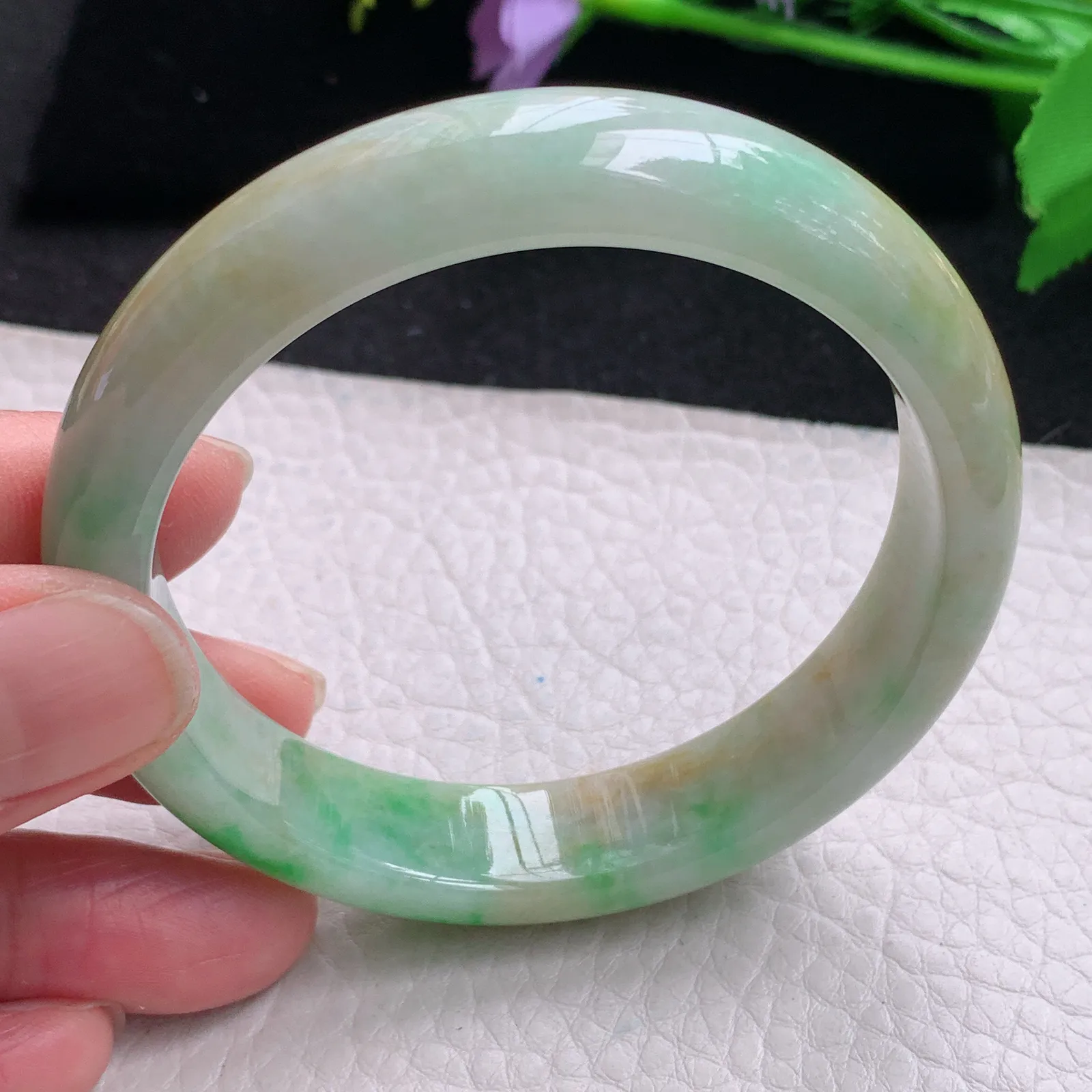 xx自然光57*13*7.5平安镯 缅甸翡翠玉手镯黄加绿高雅宽边玉手环