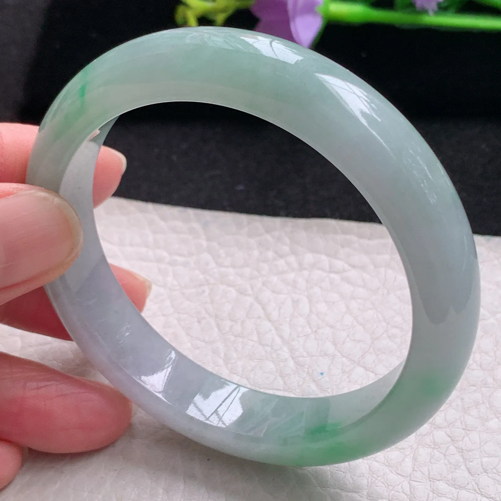 pj自然光56*12.2*8平安镯 缅甸翡翠玉手镯冰飘绿水灵宽边玉手环