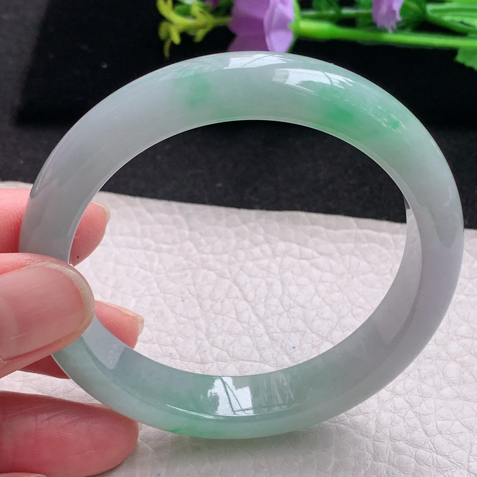 pj自然光56*12.2*8平安镯 缅甸翡翠玉手镯冰飘绿水灵宽边玉手环