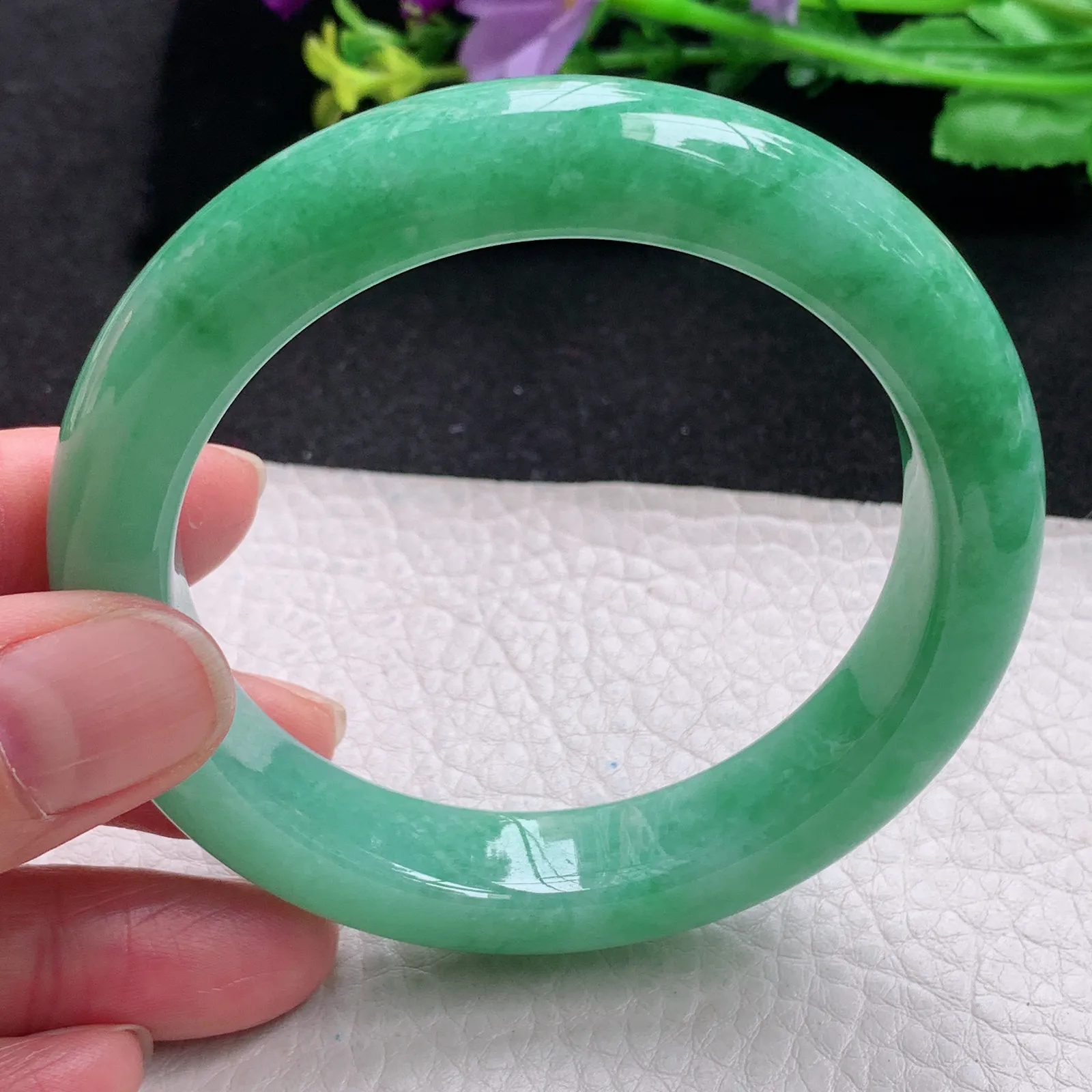 yh自然光57*12.6*9.8平安镯 缅甸翡翠玉手镯满绿厚装玉手环