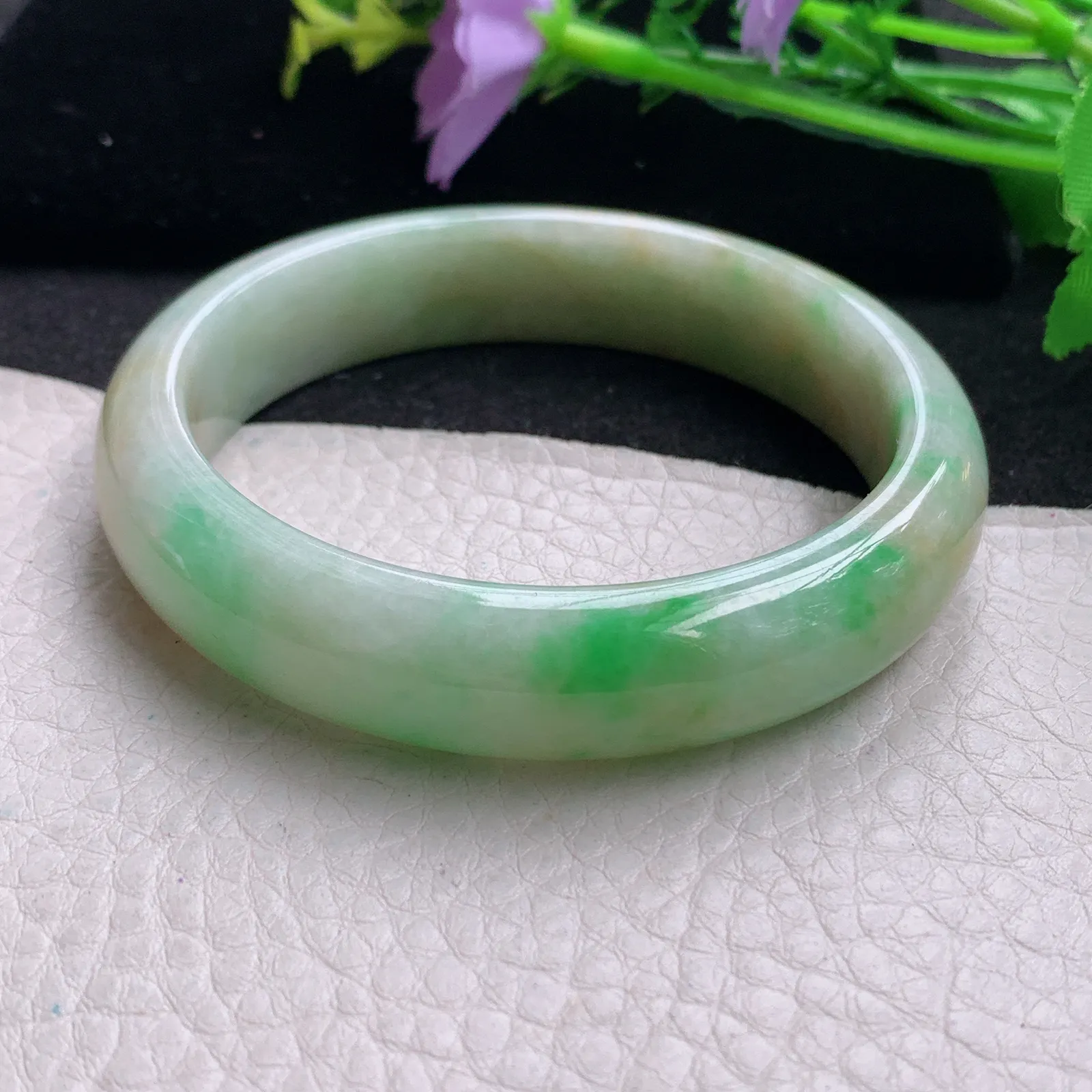 xx自然光57*13*7.5平安镯 缅甸翡翠玉手镯黄加绿高雅宽边玉手环