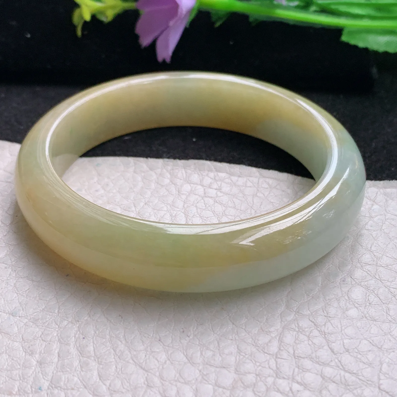 z自然光56*13*.2招财镯 缅甸翡翠玉手镯冰黄半山水宽边玉手环 美人镯