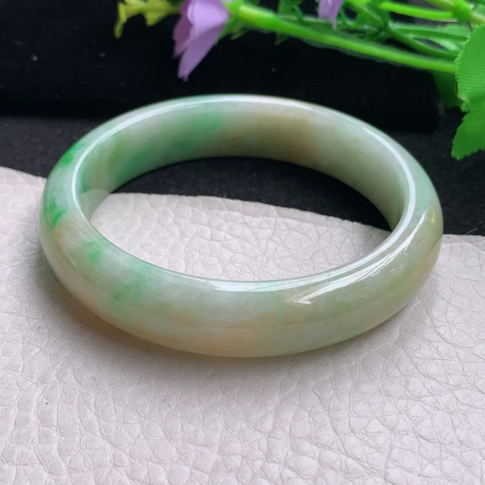 xx自然光57*13*7.5平安镯 缅甸翡翠玉手镯黄加绿高雅宽边玉手环