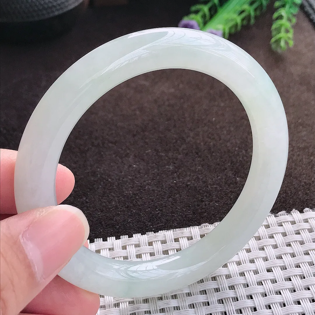 天然a货翡翠56/9.5/9.6老坑冰润起胶冰晴圆条手镯翡翠玉手镯