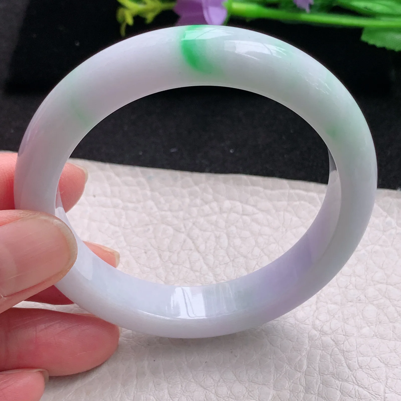 xt自然光55*11.8*8平安镯 缅甸翡翠玉手镯春带彩甜美宽边玉手环 美人镯