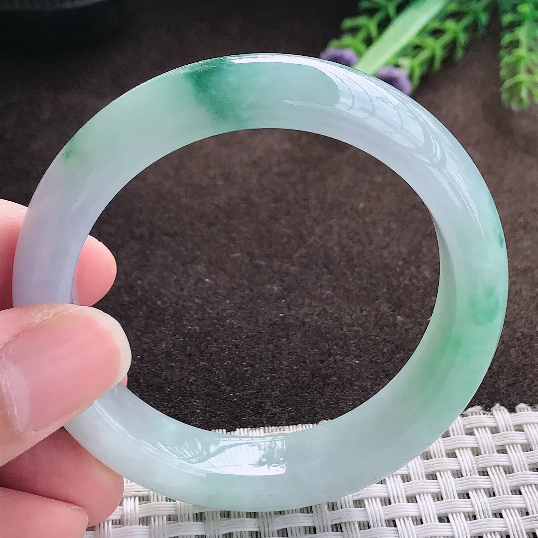 天然a货翡翠53/12.5/8.6老坑精美冰胶飘花手镯宽边翡翠玉手镯