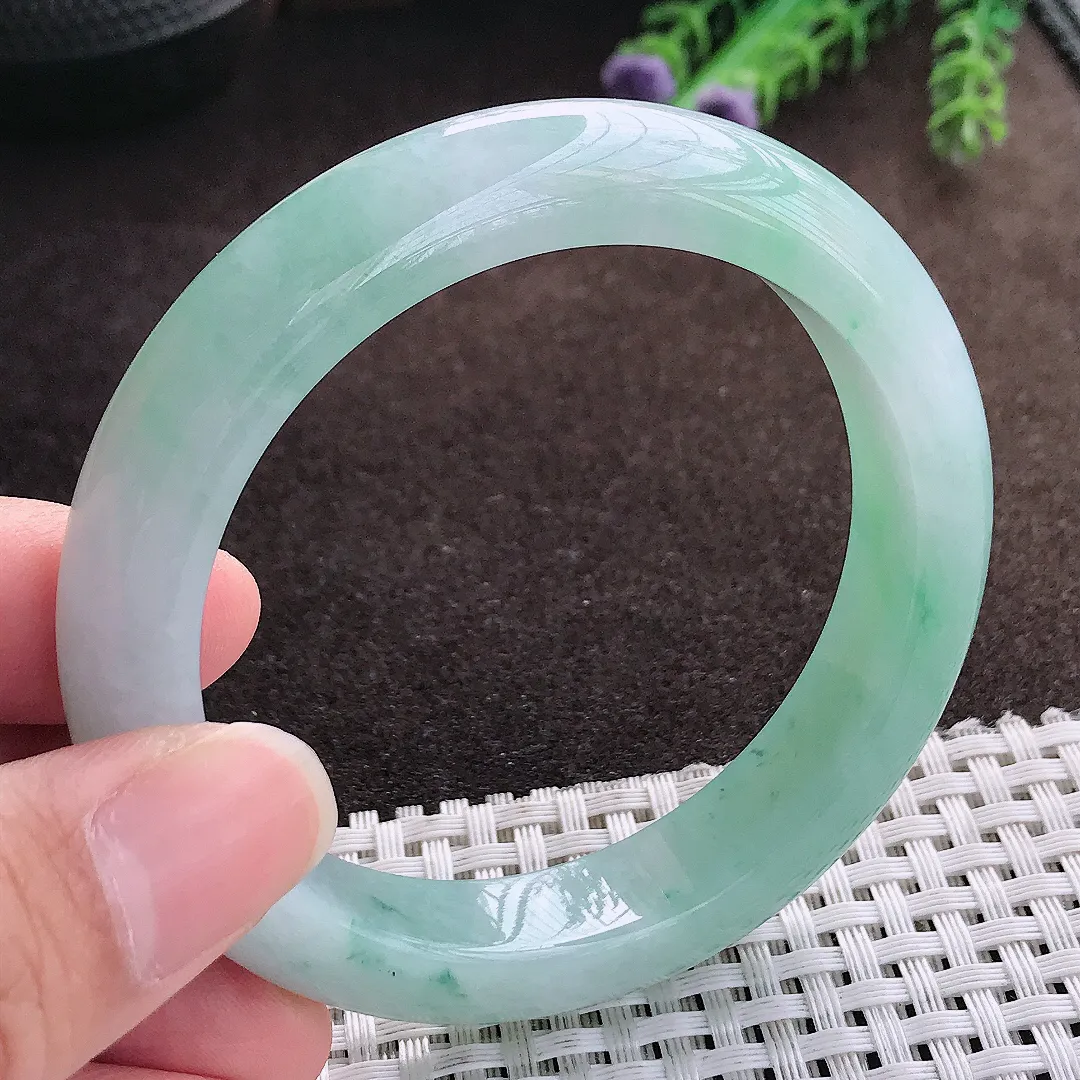 天然a货翡翠55.5/12/8.8老坑病假果冻冰晴绿手镯宽边翡翠玉手镯