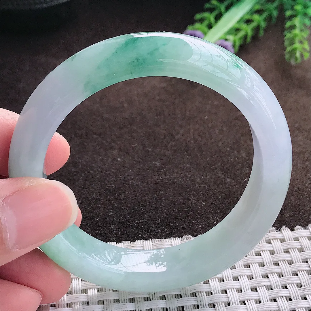 天然a货翡翠53/12.5/8.6老坑精美冰胶飘花手镯宽边翡翠玉手镯