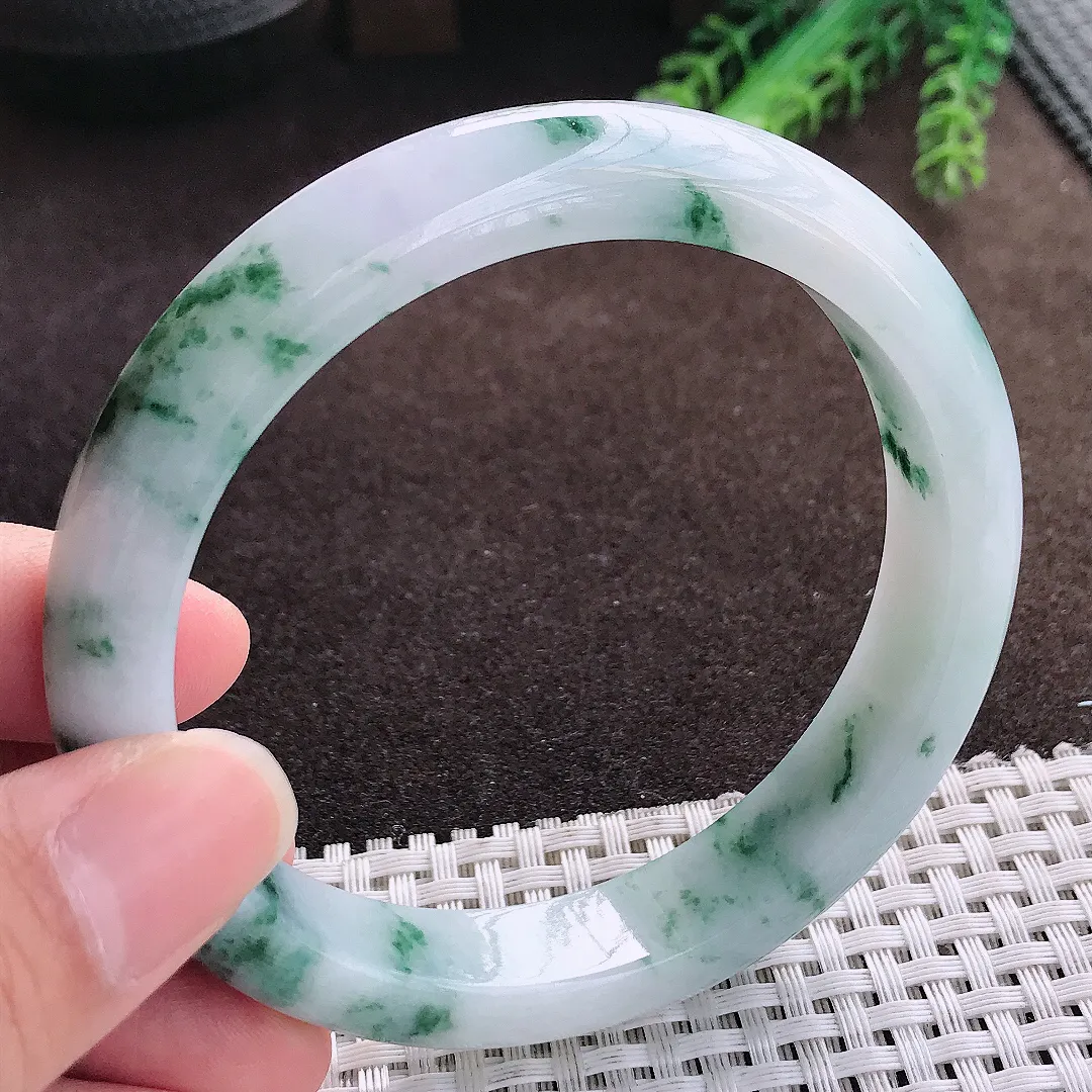 天然a货翡翠62.5/12.3/8.8老坑精美温润大圈口飘花手镯宽边翡翠玉手镯