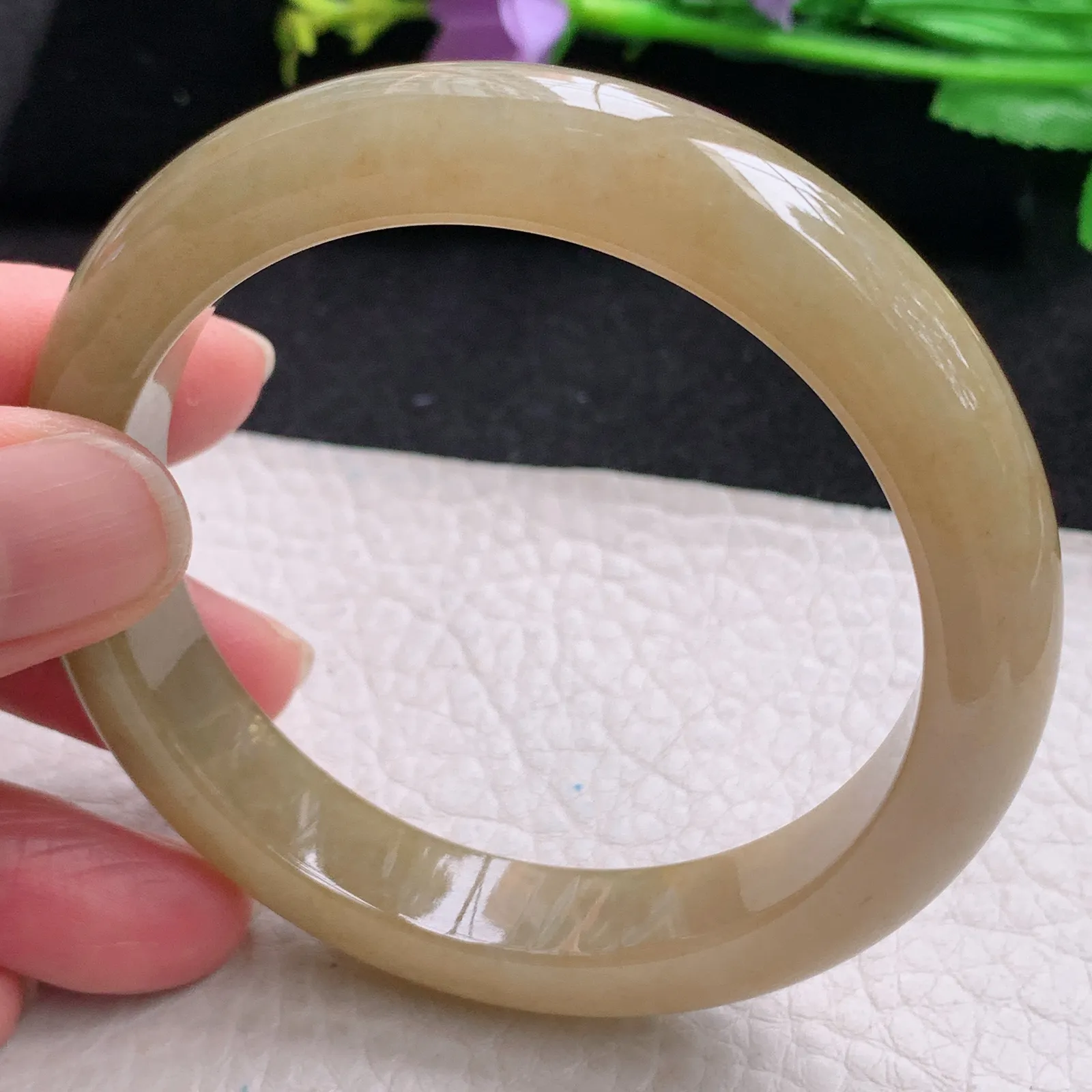 z自然光56*11.5*8.3招财镯 缅甸翡翠玉手镯冰黄宽边玉手环 美人镯