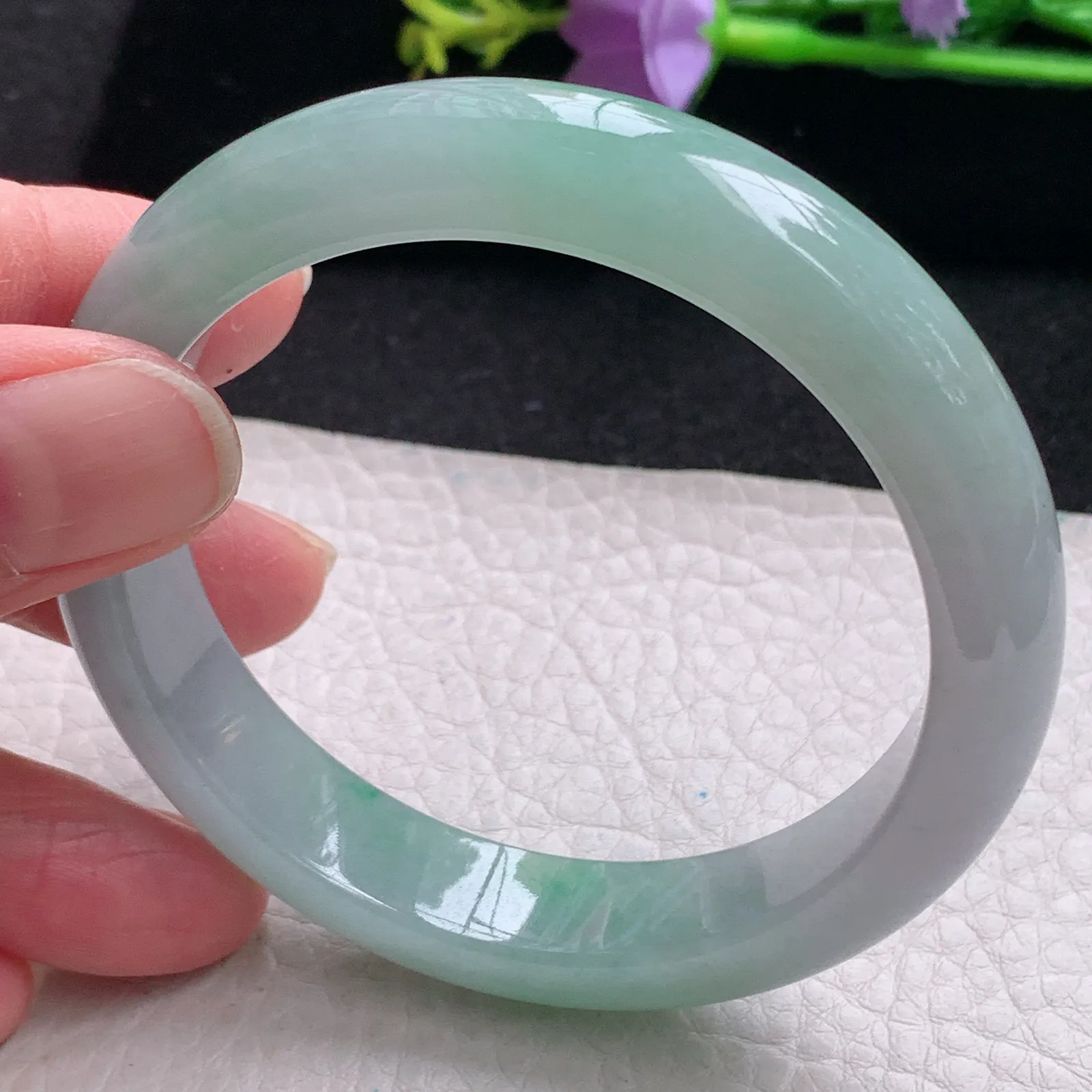 pj自然光56*12.2*8平安镯 缅甸翡翠玉手镯冰飘绿水灵宽边玉手环