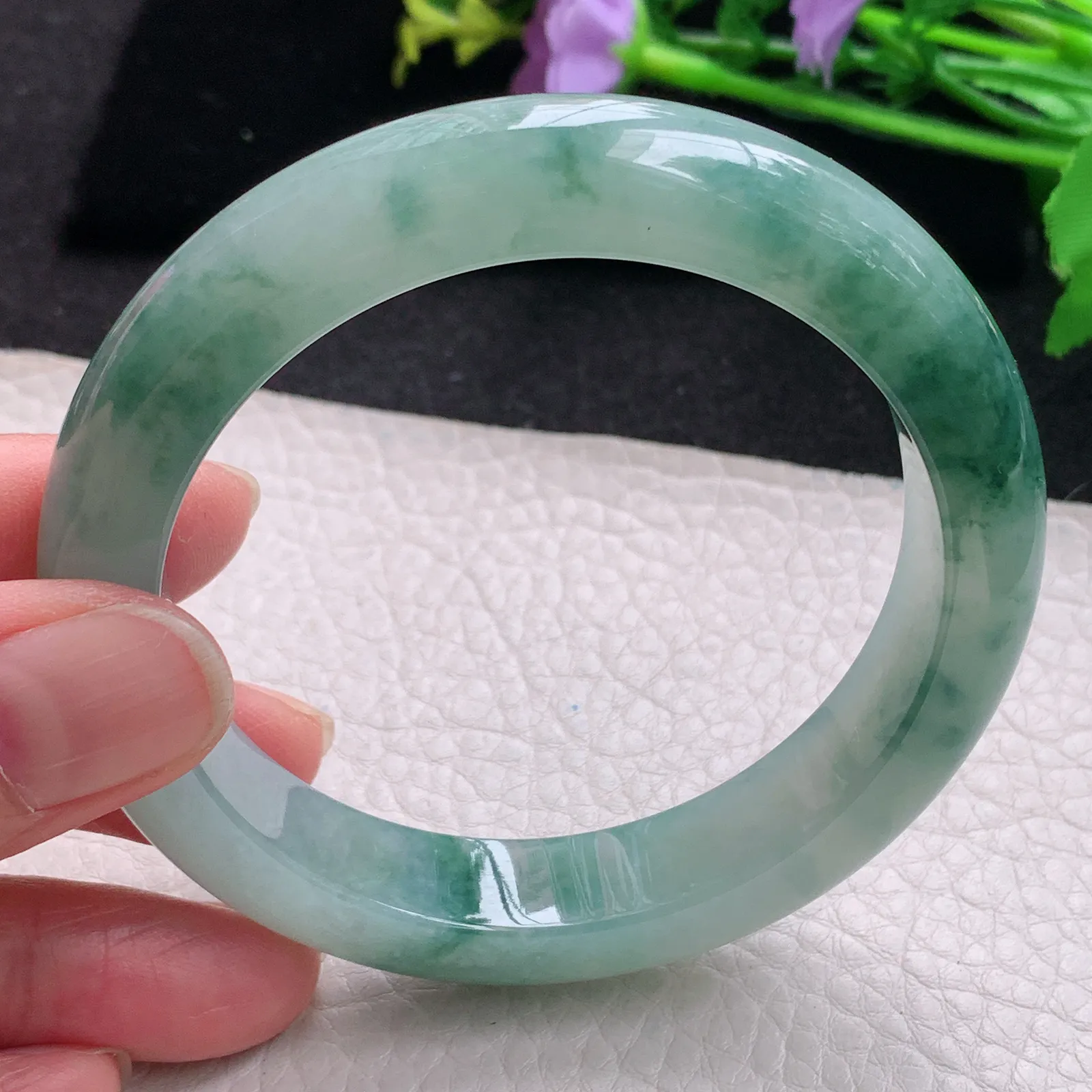 xc自然光58*12.6*9平安镯 缅甸翡翠玉手镯冰飘花厚装宽边玉手环