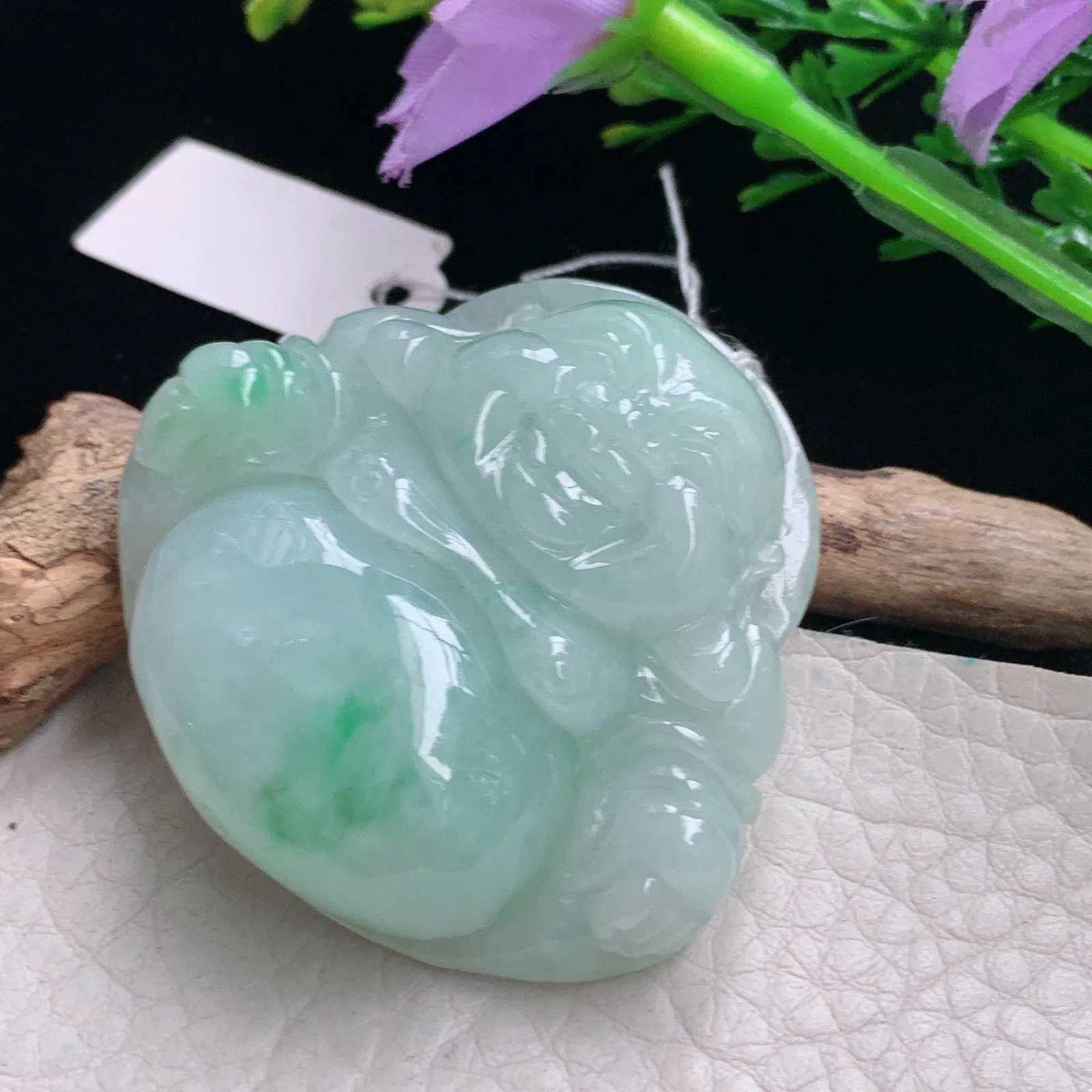 zen自然光42*45.2*12.5天然缅甸翡翠飘花细润佛公 弥勒佛玉吊坠 玉挂件