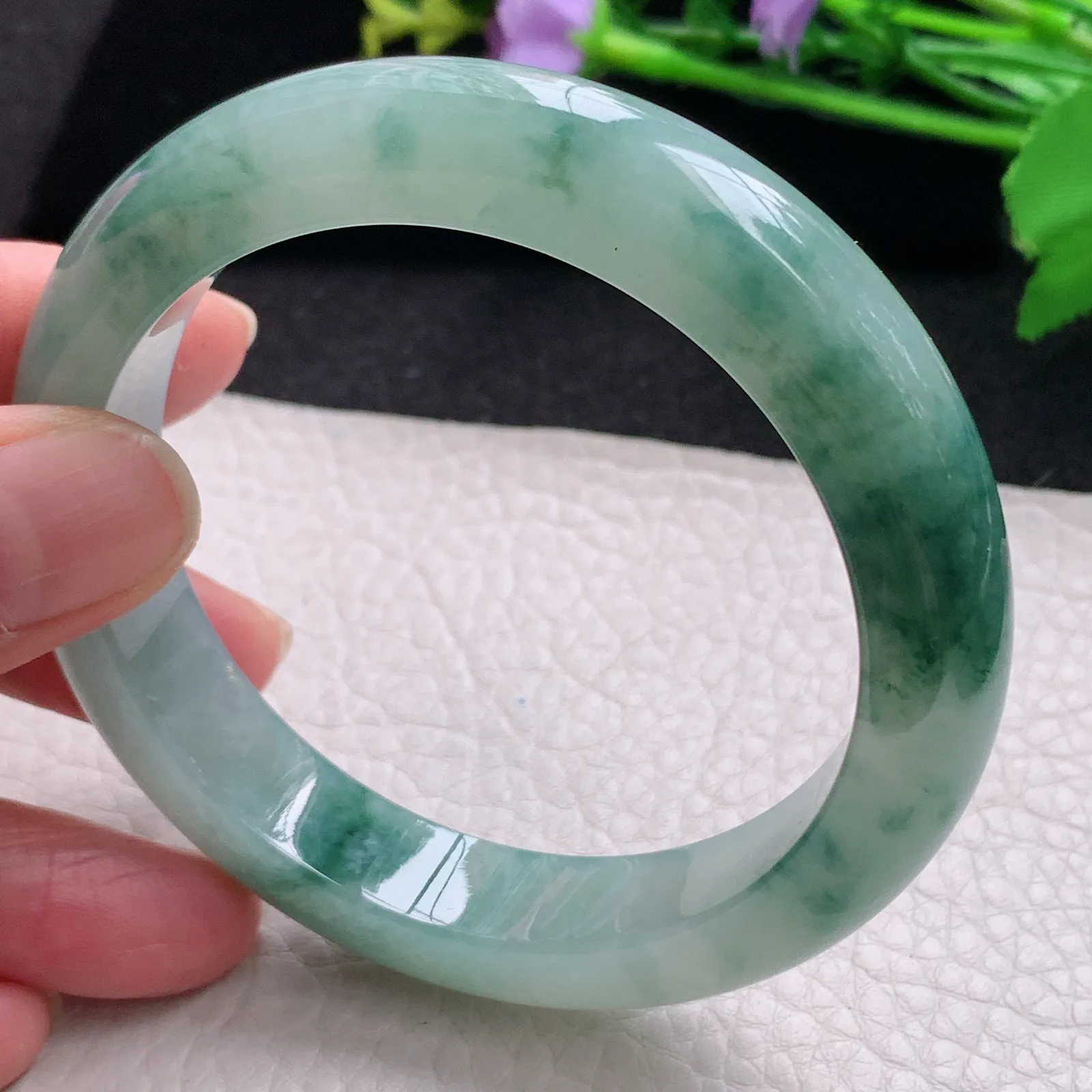 xc自然光58*12.6*9平安镯 缅甸翡翠玉手镯冰飘花厚装宽边玉手环