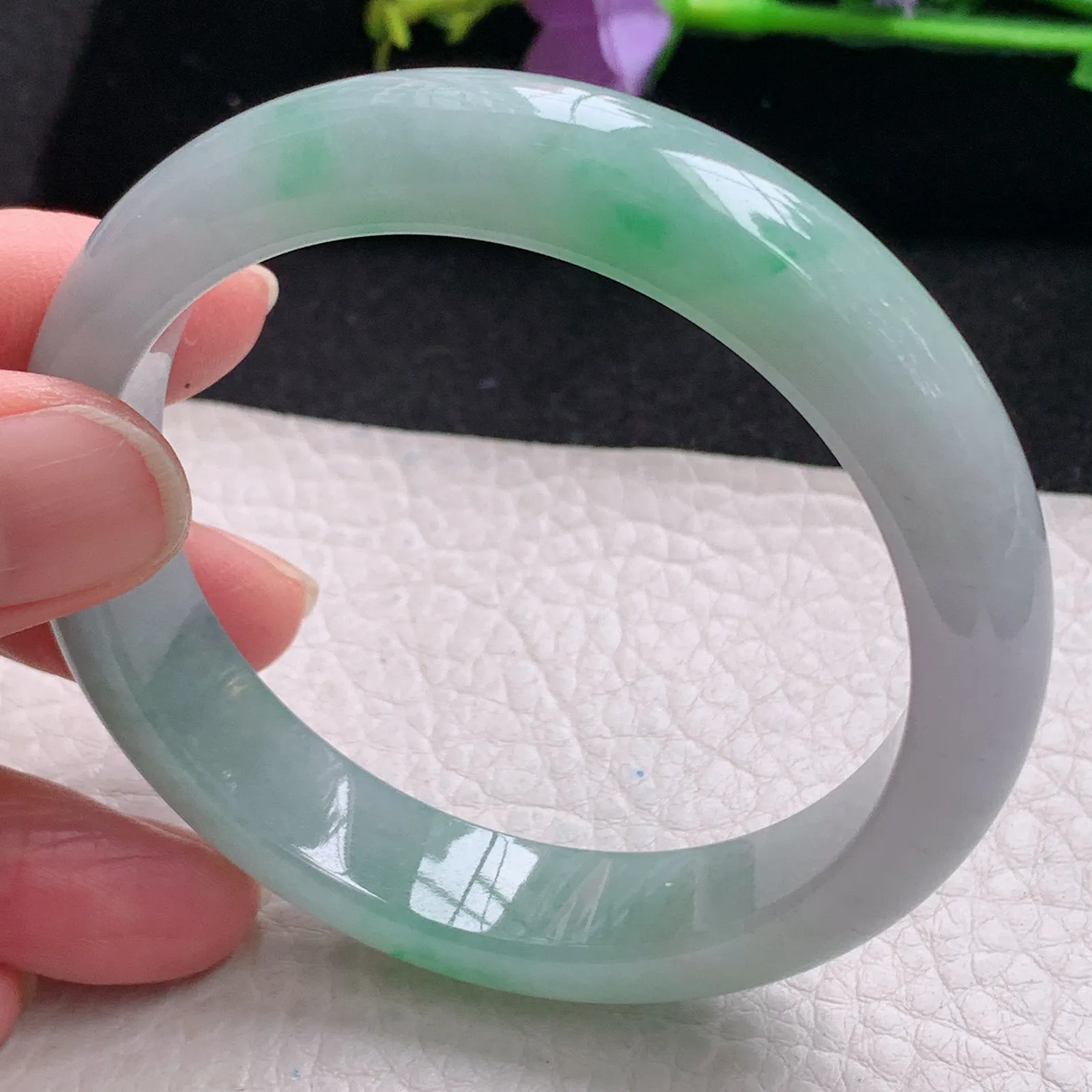 pj自然光56*12.2*8平安镯 缅甸翡翠玉手镯冰飘绿水灵宽边玉手环