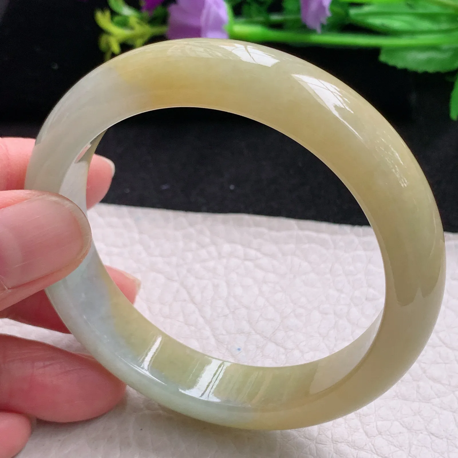 z自然光56*13*.2招财镯 缅甸翡翠玉手镯冰黄半山水宽边玉手环 美人镯