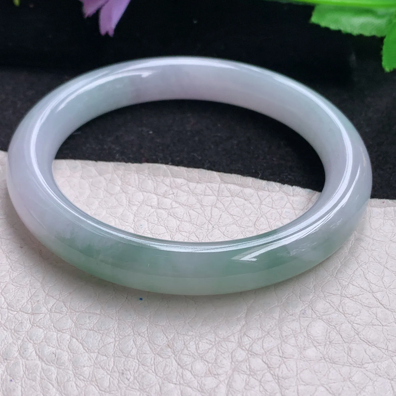 z自然光54*9.2*9美人镯 缅甸翡翠玉手镯飘花秀气圆条玉手环 叮当镯