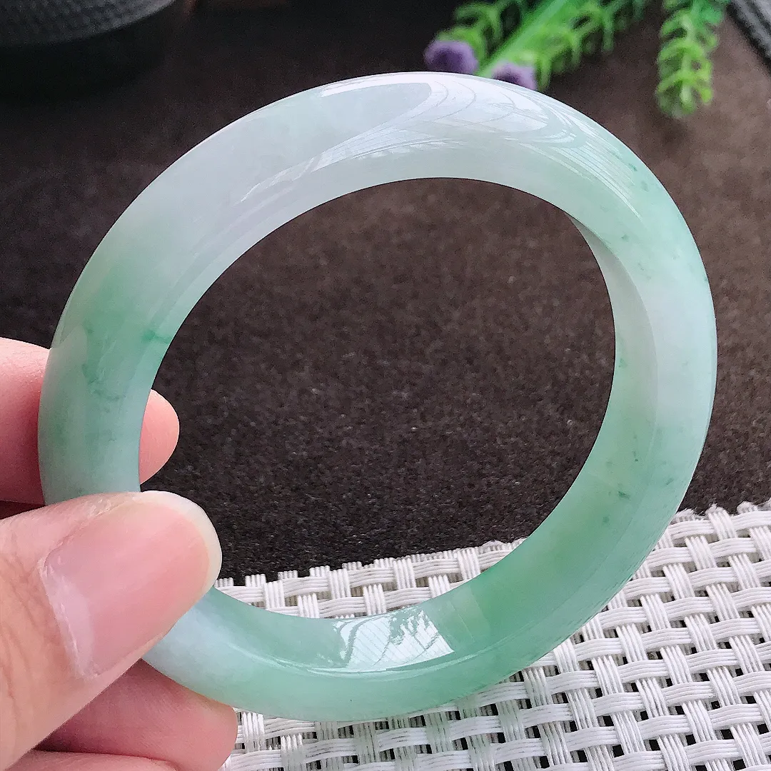 天然a货翡翠55.5/12/8.8老坑病假果冻冰晴绿手镯宽边翡翠玉手镯