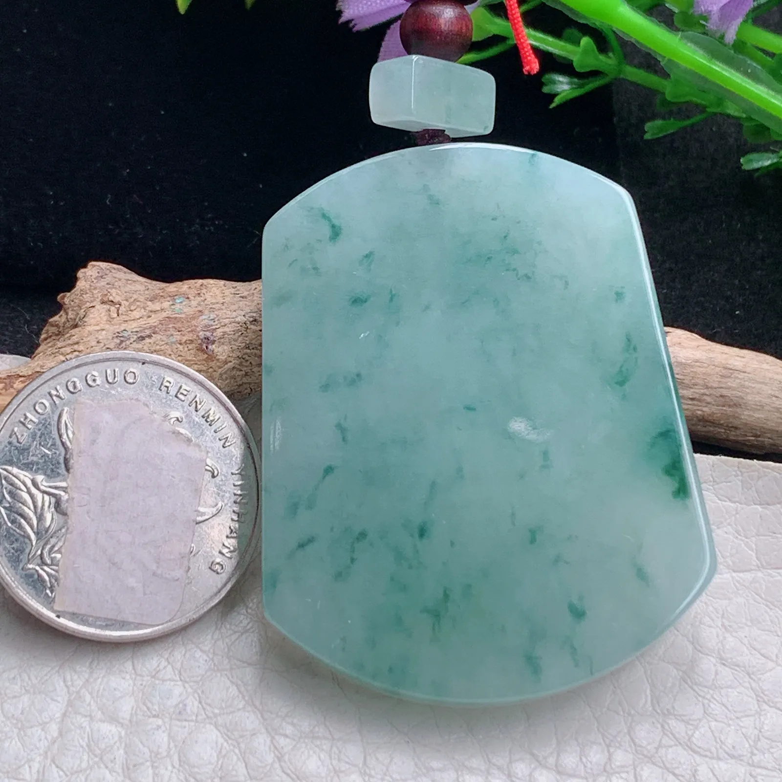 zen自然光49.5*38.5*5.6天然缅甸翡翠冰飘花平安无事牌 素面牌玉吊坠 玉挂件