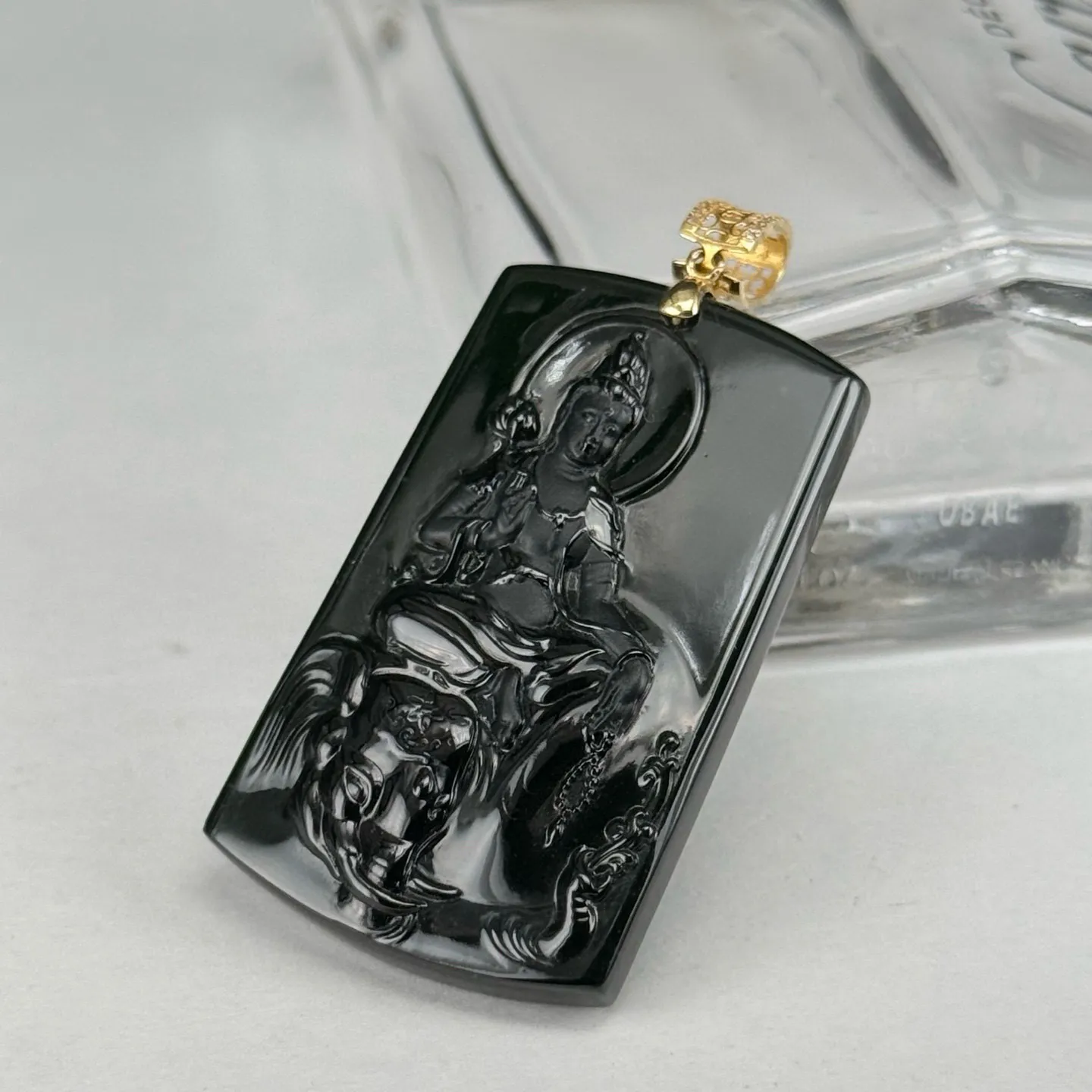 精品18k墨翠普贤菩萨 种好色正 黑度极好 打灯通透 油性十足 尺寸42.5