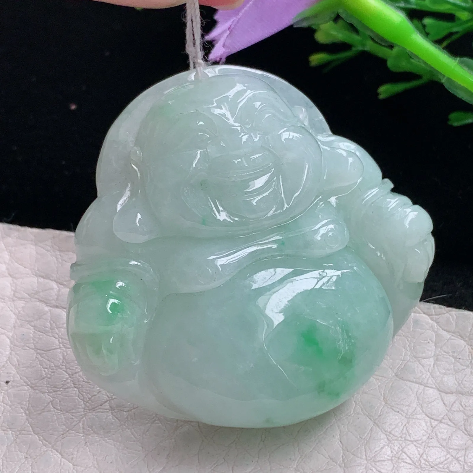 zen自然光42*45.2*12.5天然缅甸翡翠飘花细润佛公 弥勒佛玉吊坠 玉挂件
