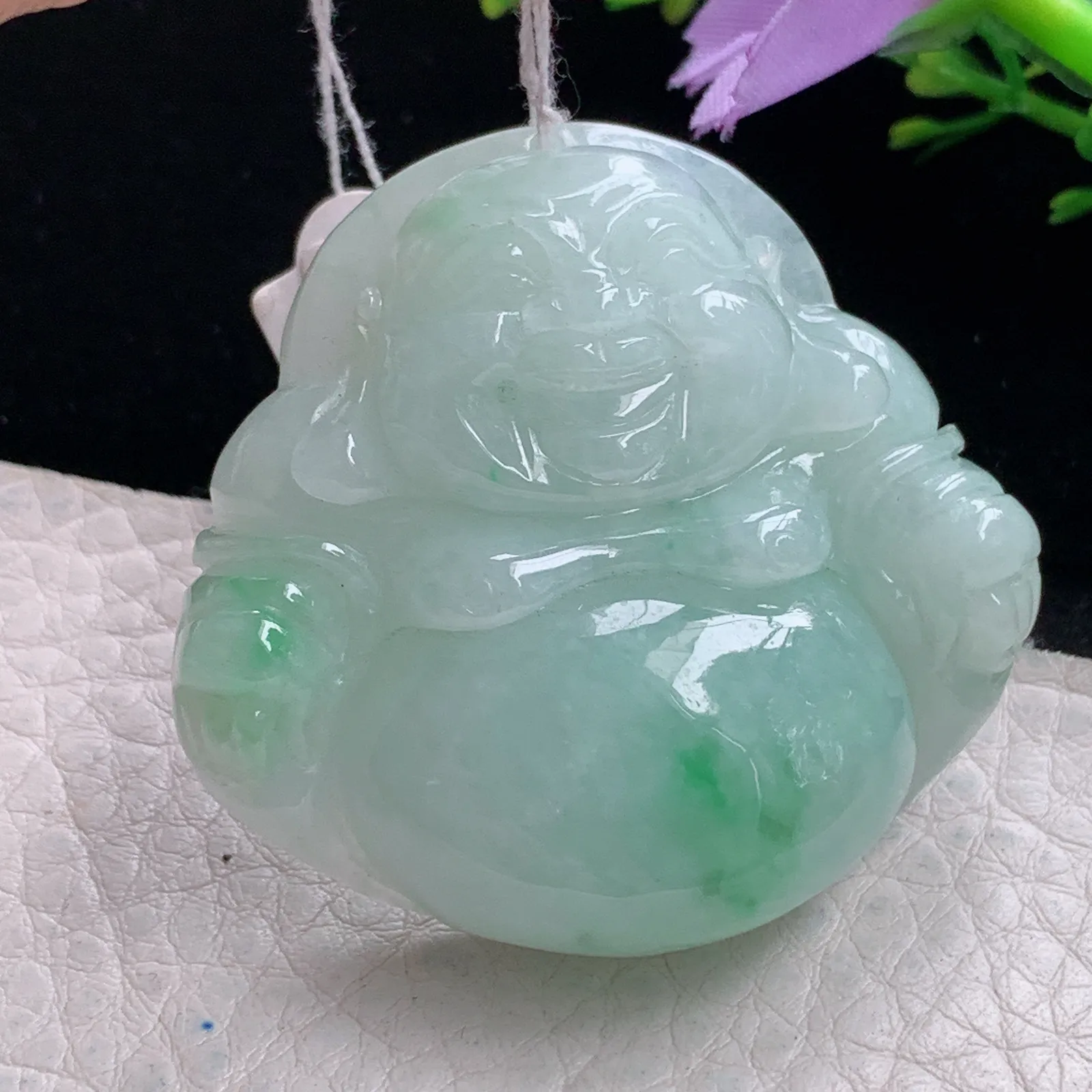 zen自然光42*45.2*12.5天然缅甸翡翠飘花细润佛公 弥勒佛玉吊坠 玉挂件