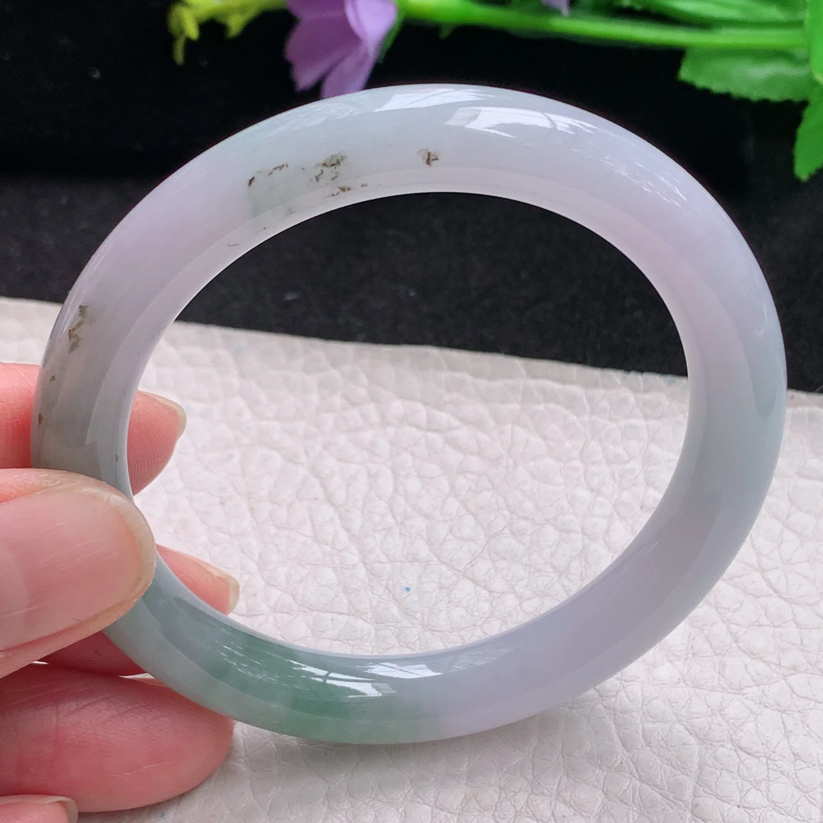 z自然光54*9.2*9美人镯 缅甸翡翠玉手镯飘花秀气圆条玉手环 叮当镯