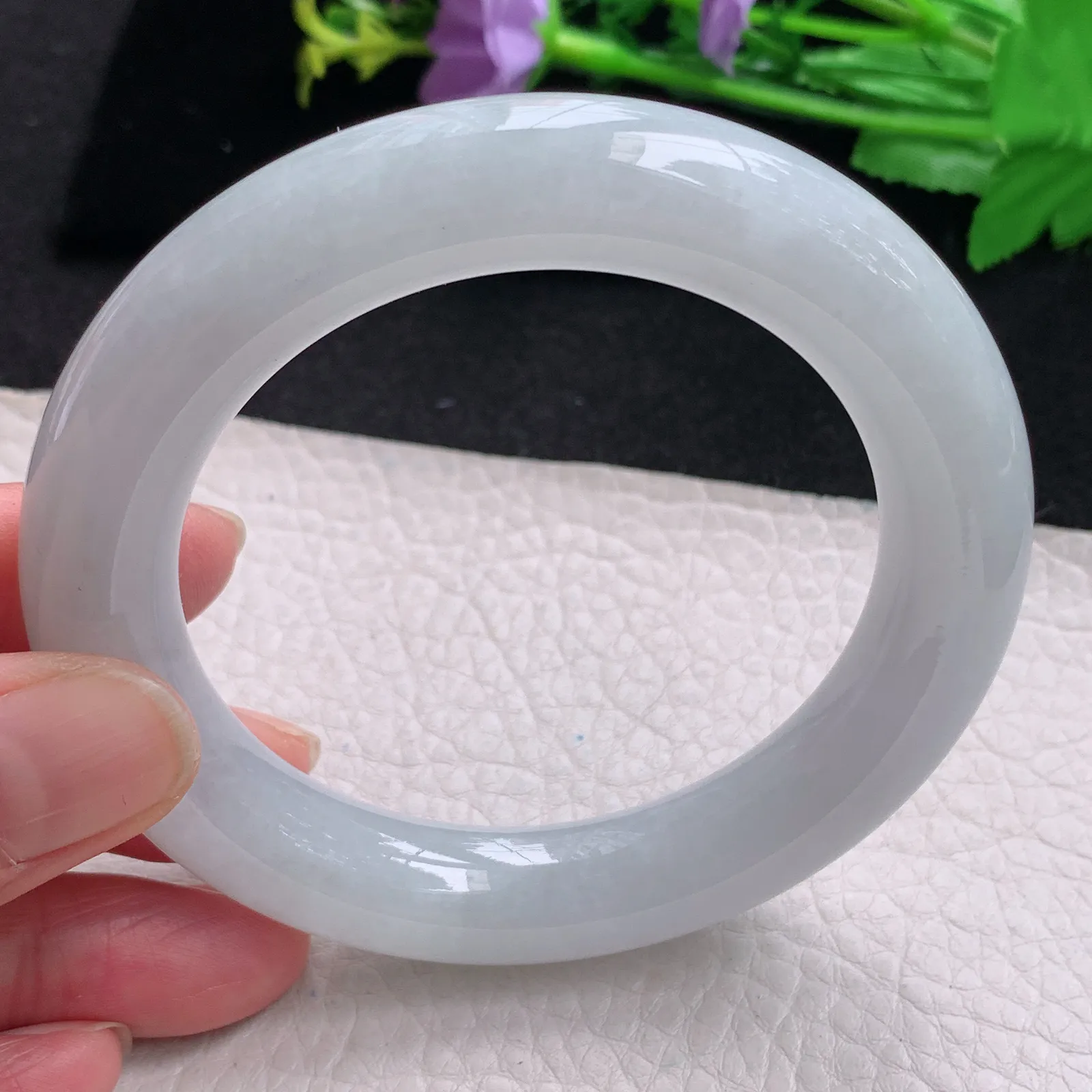 z自然光57*12胖圆镯 缅甸翡翠玉手镯白月光大气圆条玉手环 美人镯