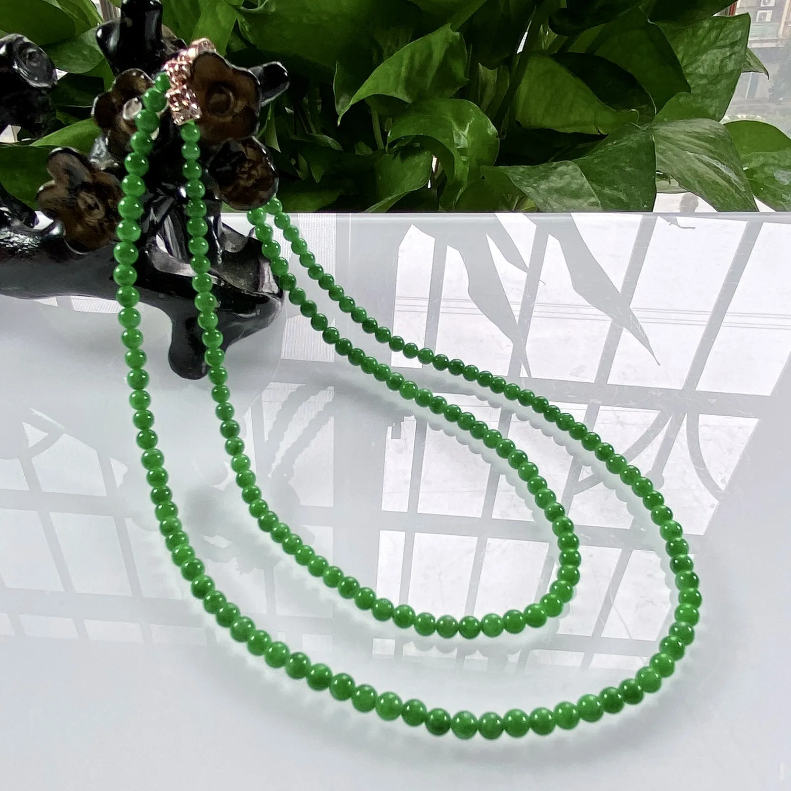 缅甸天然翡翠A货，卡3.5冰润满绿阳绿小米珠小圆珠项链手链，尺寸：3.5mm/172颗，长度590mm，重量：13.31g