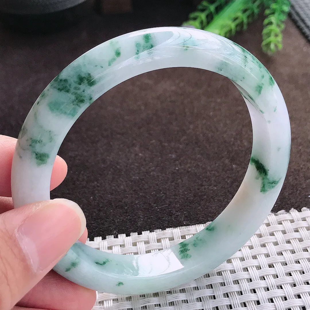 天然a货翡翠62.5/12.3/8.8老坑精美温润大圈口飘花手镯宽边翡翠玉手镯