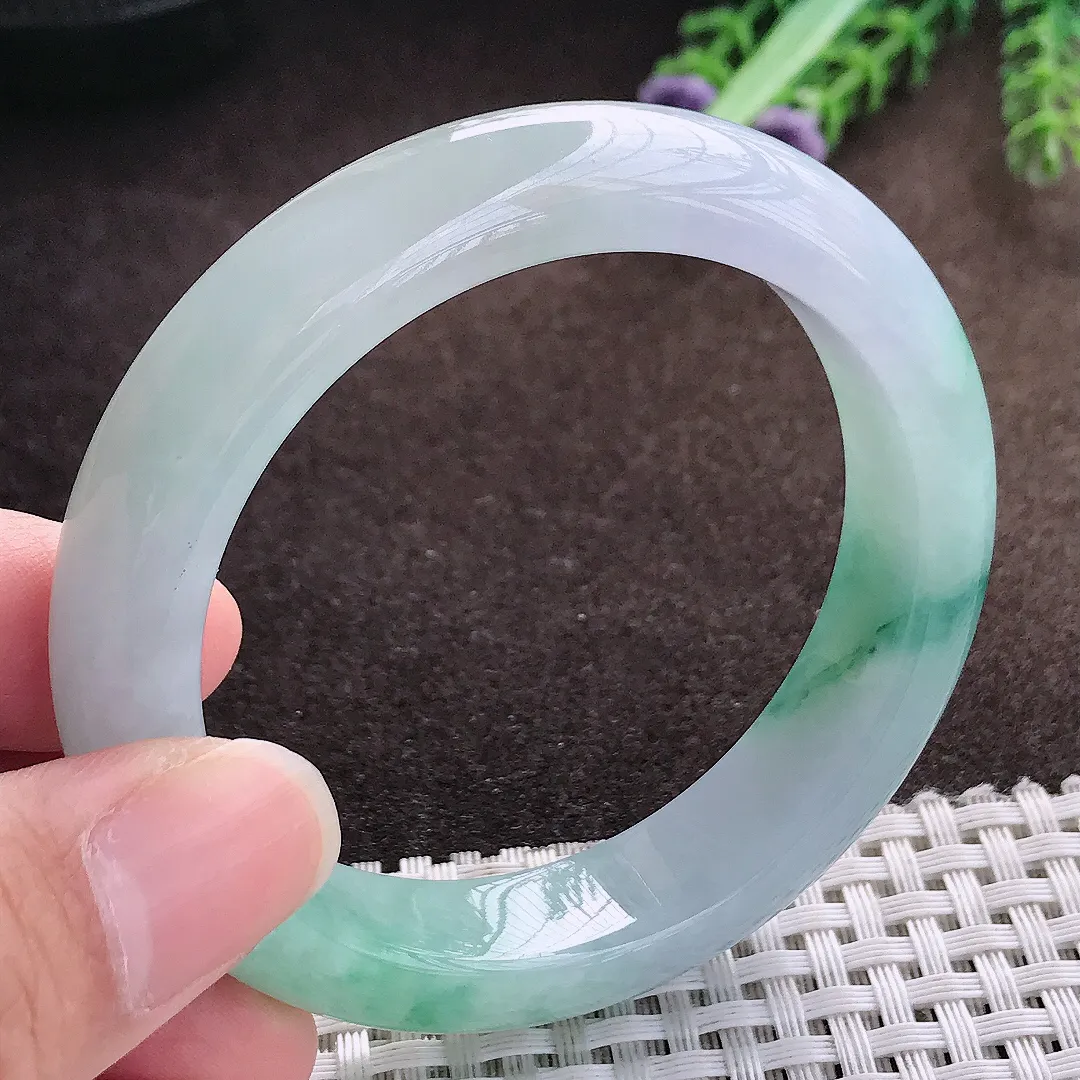 天然a货翡翠53/12.5/8.6老坑精美冰胶飘花手镯宽边翡翠玉手镯